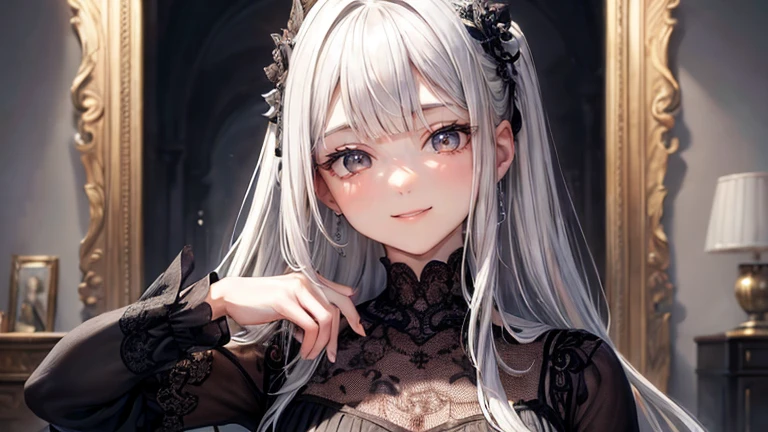 (Oil, masterpiece, highest quality, Very detailed, Focus on the characters), 1 female,Beautiful silver hair,Blunt bangs,Big smile,Sleepy eyes after waking up,Detailed depiction of hair,Black and white dress,([return:0.8]|[ face facing returnwards:1.1]), ,([ ground:1.3]| [High Contrast:1.1])  