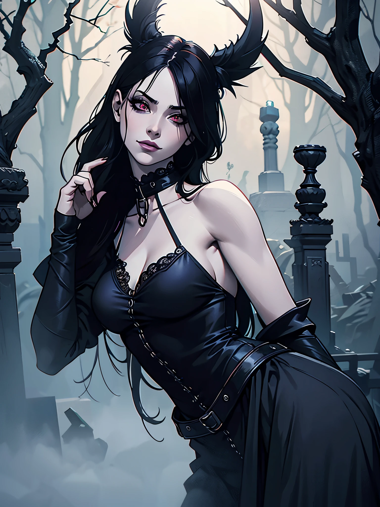 (best quality,4k,8k,highres,masterpiece:1.2),ultra-detailed,(realistic,photorealistic,photo-realistic:1.37),goth korean girl, gothic,1woman,dark town,red eyes,dark ambient,low saturation,anime style,pale skin,long flowing hair,gothic clothing,silhouette,surreal background,mysterious atmosphere,intense emotions,melancholic expression,lens flare,dramatic shadows,symbolic elements,heavy makeup,pale and dark colors,misty fog,ethereal beauty,subtle texture, dark makeup, back shot , full body, wicked smile, seductive witch, the "S" curve model pose
