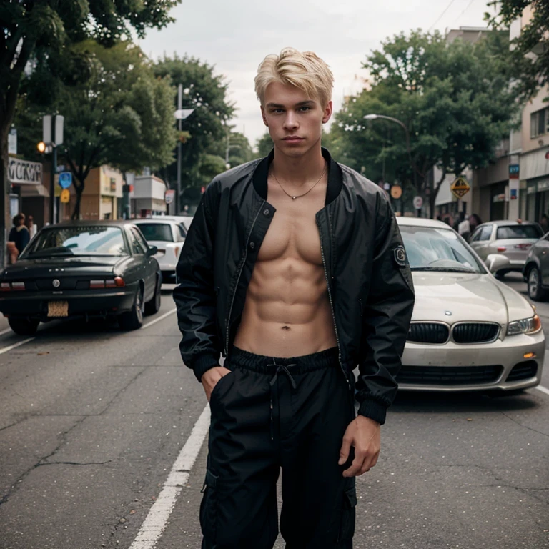 19 year old male blonde likes street racing and wares baggy pants and a cropped jacket 