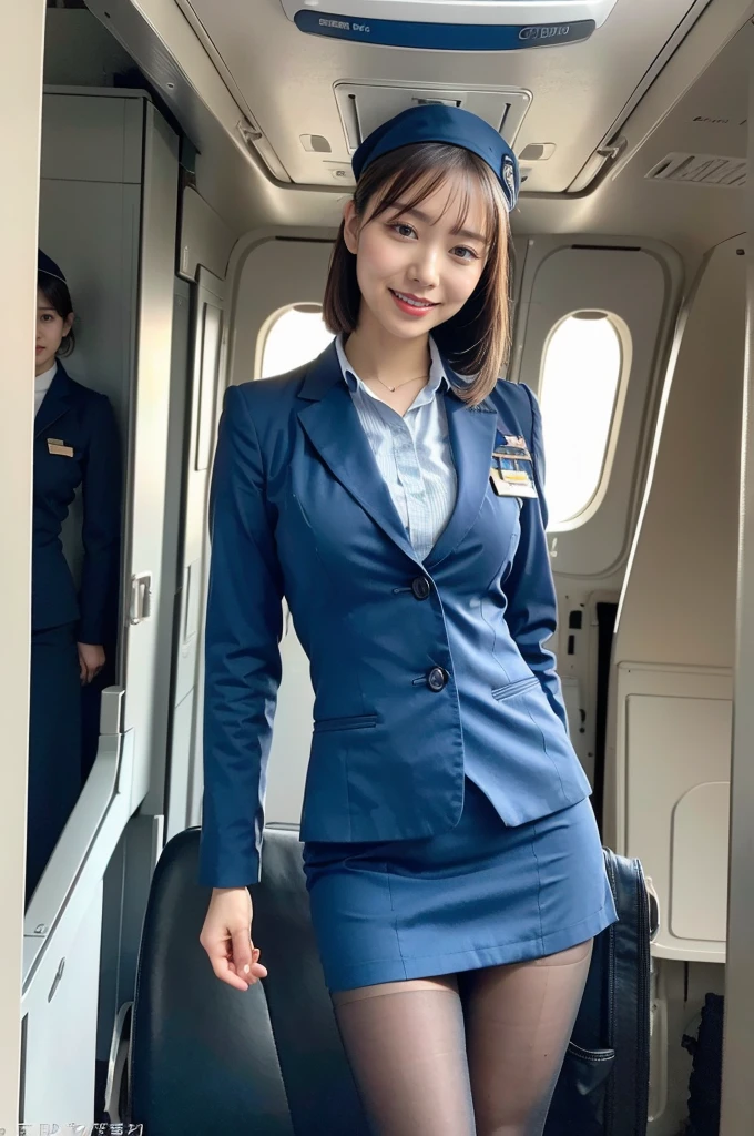  (8K, best quality, masterpiece:1.2), (realistic, photo-realistic:1.37), (high color saturation:1.0),  (highly detailed skin), (highest quality:1.0), (ultra high resolution:1.0) ,(realistic:1.0), (Super detailed:1.0), (8K, Raw photo:1.1)、standing random pose, smiling, natural breast, perfect lighting, 3girls, 24years old, (mysterious), clear and detailed, ((ANA_Cabin Crew, blue flight attendant_uniform)), beige pantyhose, (aircraft, aircraft seats), cute face, looking at back viewer, visual panty line, 