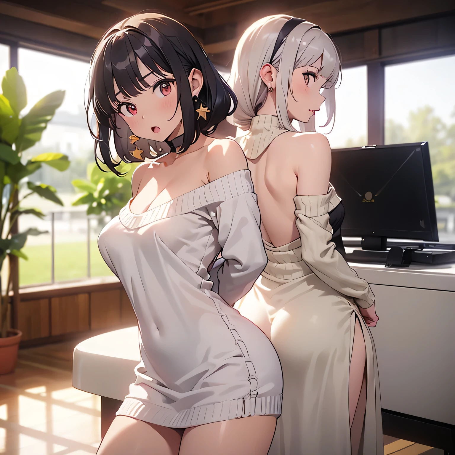 masterpiece, yor, 1girl, Bust A Cup, Amazing Cleavage:1.3, thin waist, big ass, Raised sexy, big breast: 1.2 posed cleavage:1.2、solo, looking at viewer, open mouth, have a cup of beerblack hair, red eyes, dress, bare shoulders, jewelry, collarbone, sidelocks, hairband, earrings, indoors, off shoulder, :o, sweater, arms behind back, plant, short hair with long locks, white hairband, off-shoulder dress, sweater dress, off-shoulder sweater, red sweater, big side hair, very long side hair,is rendered in (masterpiece: 1.2, best quality), with (ultra high resolution) and an exquisite (depth of field). This masterpiece is not only visually stunning but also tells