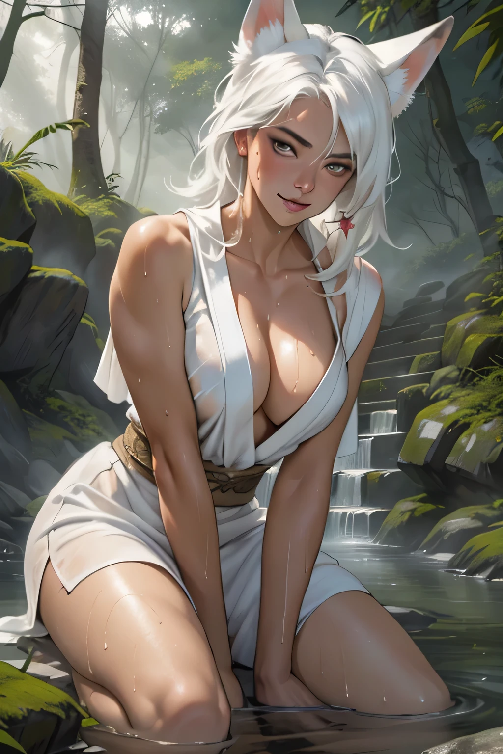 (masterpiece:1.3), (8k, Realistic, RAW Photos, highest quality: 1.4), ((One Japanese woman)), Beautiful Face, (Realistic Face), Beautiful hairstyle, ((Long, narrow eyes)), Realistic eyes, Beautiful fine details, (Realistic Skin), Beautiful Skin, Absurd, Charm, Ultra-high resolution, Ultra-realistic, Very detailed, Golden Ratio, (Best Shadow), Cinematic, (Complex:1.4), ((One Priestess)), smile, (vermilion eyeshadow), ((White Fox Ears, Long white hair, Wet Hair)), ((Fair skin)), (Pure white skin:1.1), (Sweat:1.0), (Flushed cheeks), Voluptuous body, ((Soaking in a hot spring)), (Large Breasts:1.1), ((Cleavage:1.1)), Alluring, ((She is hiding her chest with a towel)), barefoot, Old Japanese Shinto Shrine, ((Rising steam)), Early morning sanctuary, (morning haze:1.5), ((Deep in the forest:1.2)), (Mikamiki:1.2), (steam:1.6), cowboy shot