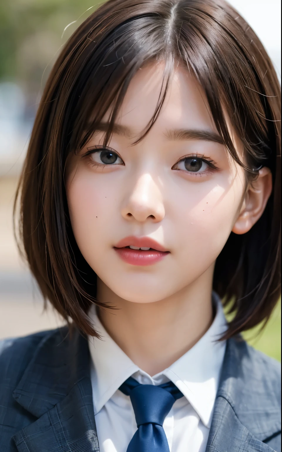 (highest quality:1.3)、(masterpiece:1.4)、Raw photo、8k、highest quality、high resolution、Beautiful face in every detail、Realistic human skin、Gentle expression、View from the front、color々From an angle、((Bob Hair))、(beautiful girl:1.4)、(the most beautiful girl in school:1.3)、Realistic、((One Woman))、Photorealistic、With bangs、((Beautiful Hair))、(Small face)、cute、(High school girls)、JK Uniform、(Schoolgirl Uniform)、White shirt、tie、Red cheeks、((She's in love))、sexual excitement、[[Long eyelashes]]、((Right before the kiss))、(I want to kiss)、(The excitement of kissing)、garden