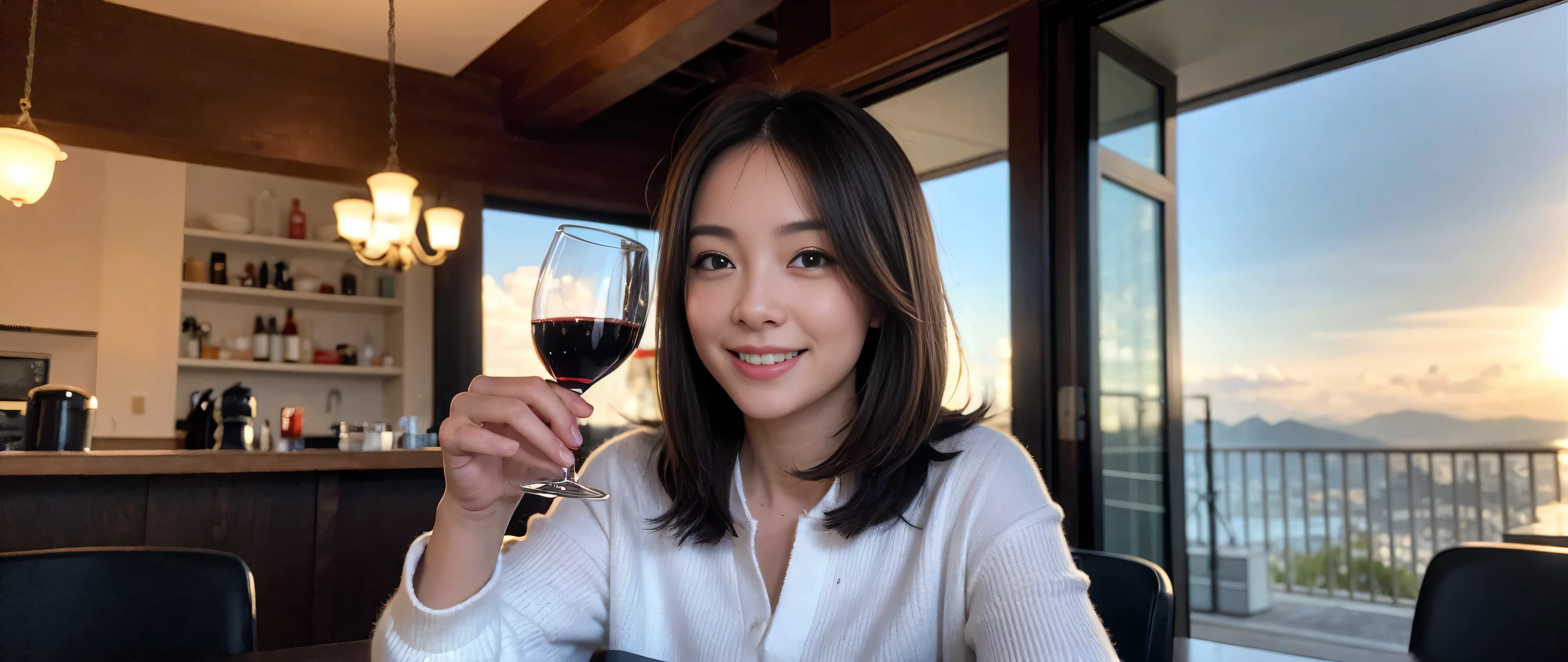 ((highest quality、8k、masterpiece:1.3))、Sharp focus:1.2、Beautiful woman perfect body:1.4、Slim body、((Bob Hale、Straight hair:1.2))、(to be born, highest quality, masterpiece:1.5), (Realistic, Intricate details:1.2), Wine glass on the table、Shine the light in your face、 Amazing view of the sunset sky and clouds、Amazing mountain views、A bright smile、A lovely woman with a smile、Bright image、The beauty of wine, Beautiful Face, blue eyes, The light shines on your face, Blushing, short hair,Bright Face、Fox face、 (43 years old), 39 years old, Lady、red wine 、Appetizers、Italian food、Wine bottle、Champagne、sparkling wine、Two beauties、Brown Hair、Shortcuts、Long sleeve shirt、dress、Pretty Woman 1, (Slim face), (The body is slim), (Brown Hair), (Shortcuts), cheeks turn a little red,Attractive beauty、, Out of the window, A beautiful and detailed night view unfolds.........., restaurant, In a prominent place (From the waist up) Nova Frog Style, actress, model, Upper Body, White wine, slim, wine glass, A wine glass placed in the middle, smile, (smile: 1.15), Beautiful fine grain, Depth f/2,saturation, High Contrast, Strong light and shadow,Moist Body:1.5、3D texture、Delicate eyes、Brown Hair、The hair is very shiny、