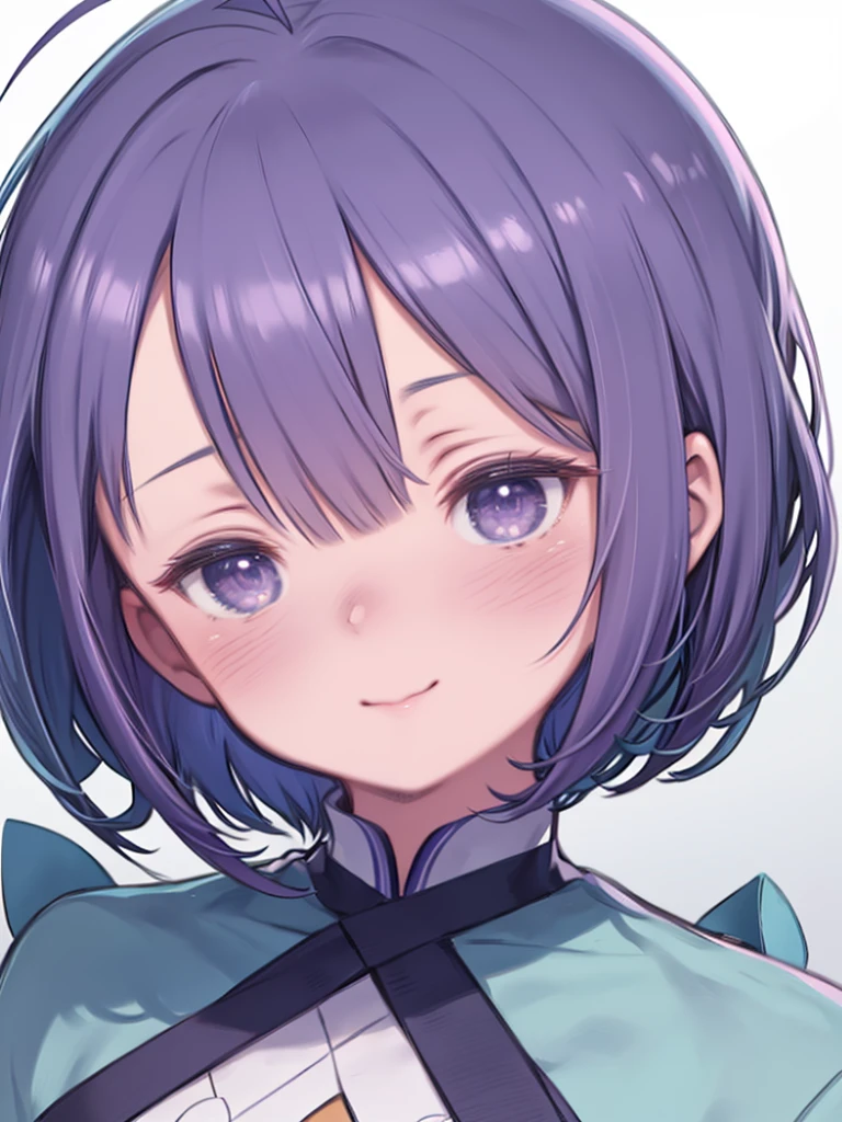 masterpiece、highest quality、High resolution、Very detailed、Close-up、Medium wide shot、Girl、Mekakure、blush, purple hair, hair over eyes, short hair, ahoge, blue hair, covered eyes、Trimmed bangs、Bangs that reach down to the nose、Eyes are hidden by hair、Smiling、