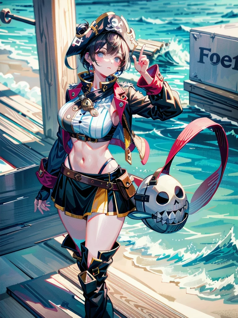 Practical pirate clothing, Long-sleeved pirate top, Skirt, boots, tearful mole, earring, Colossal tits, short medium hair, wavy hair,