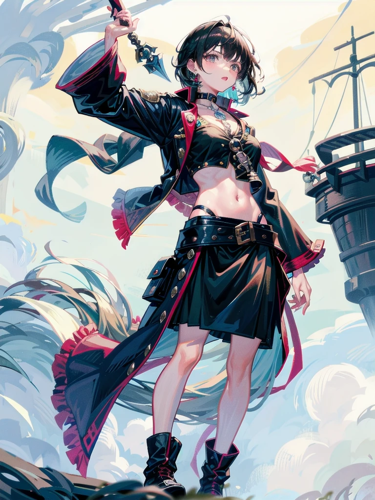 Practical pirate clothing, Long-sleeved pirate top, Skirt, boots, tearful mole, earring, Colossal tits, short medium hair, wavy hair,