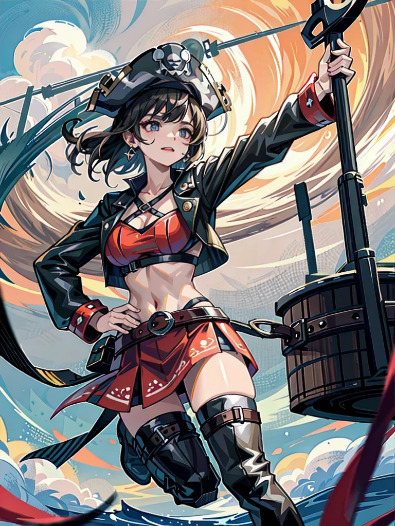 Practical pirate clothing, Long-sleeved pirate top, Skirt, boots, tearful mole, earring, Colossal tits, short medium hair, wavy hair,