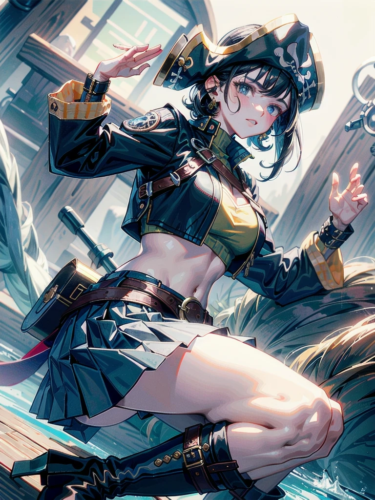Practical pirate clothing, Long-sleeved pirate top, Skirt, boots, tearful mole, earring, Colossal tits, short medium hair, wavy hair,
