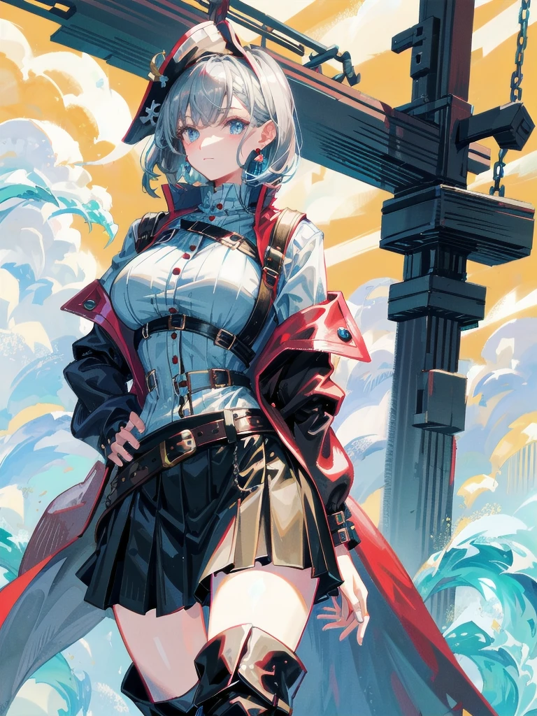 Practical pirate clothing, Long-sleeved pirate top, Skirt, boots, tearful mole, earring, Colossal tits, short medium hair, wavy hair,