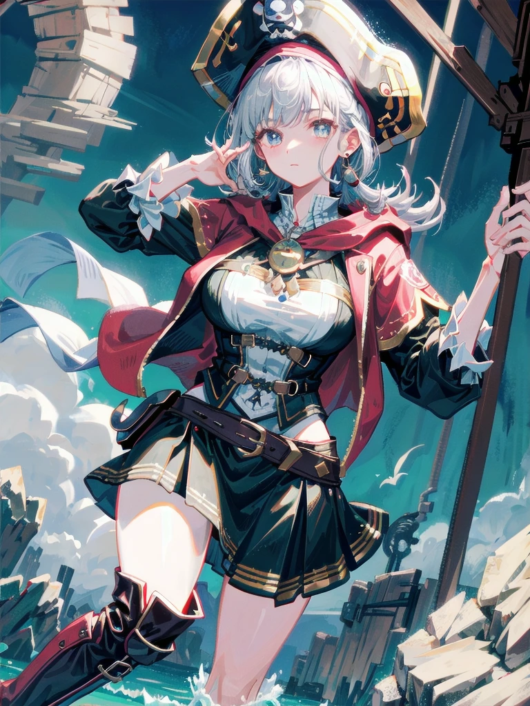 Practical pirate clothing, Long-sleeved pirate top, Skirt, boots, tearful mole, earring, Colossal tits, short medium hair, wavy hair,