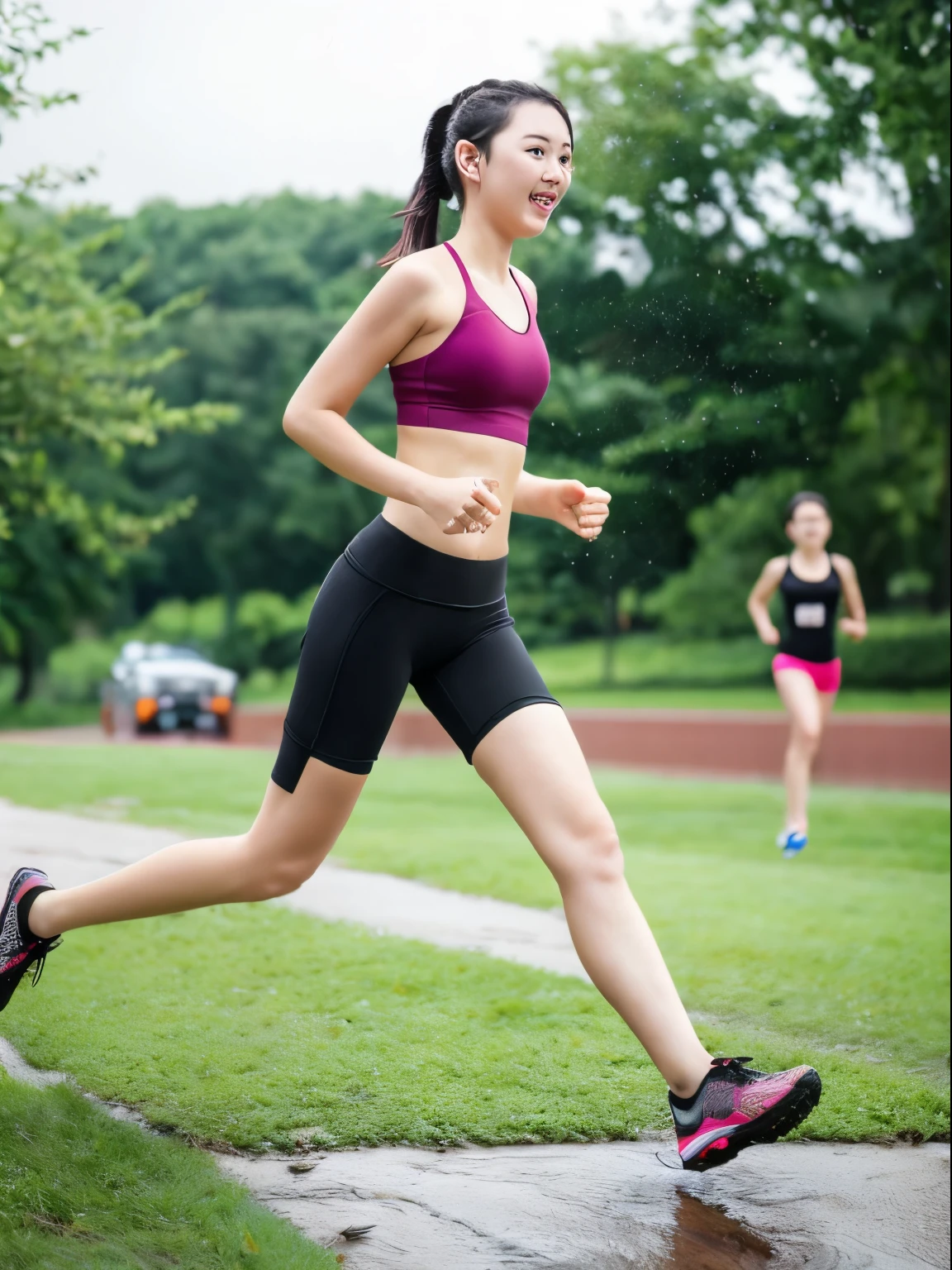 1 girl, wear tight mini sport bra, mini legging, in a park, bob hair, jogging, running, wet skin, q, hyperrealistic, ultraHD,