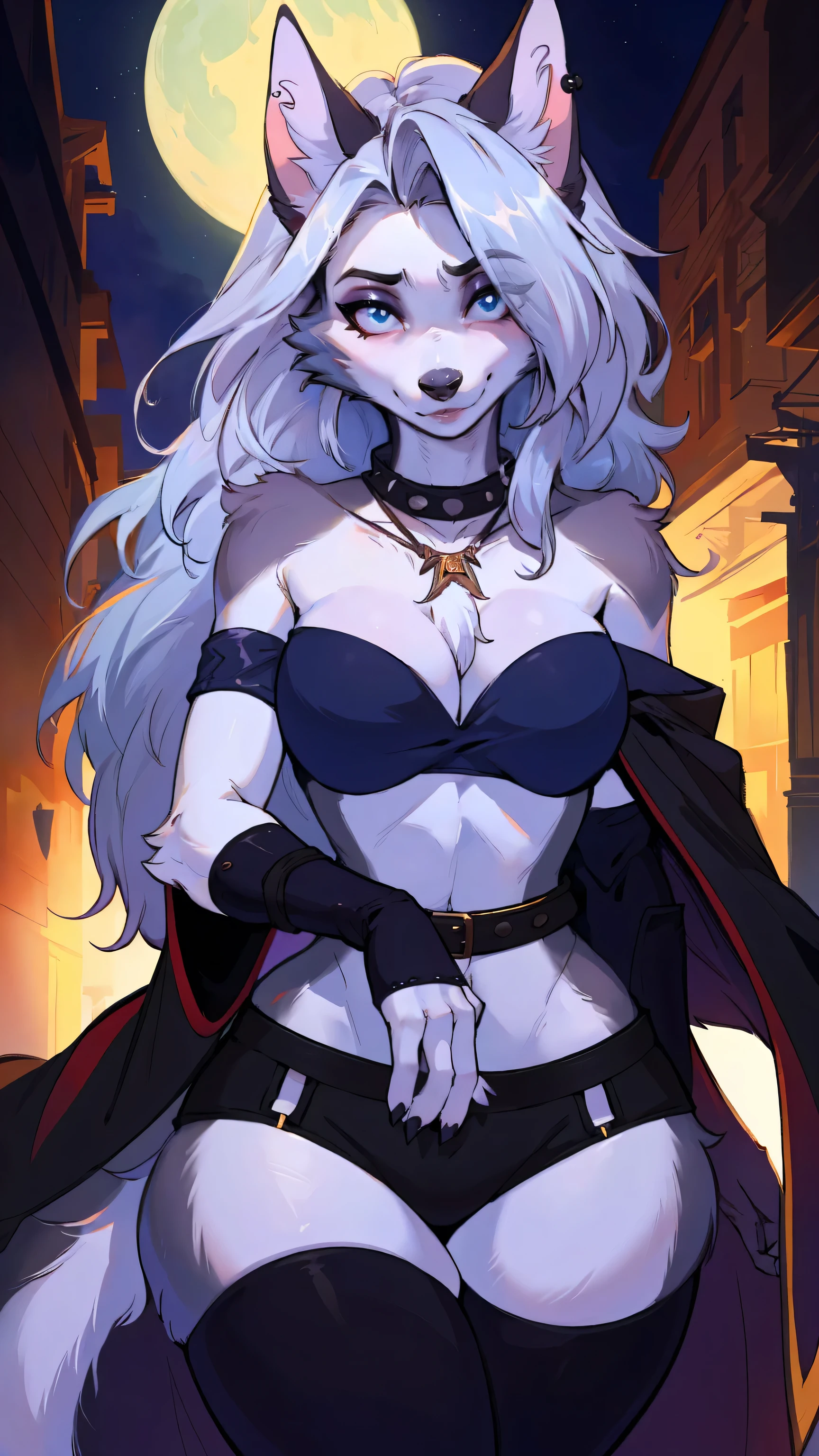 cute,furry_girl,wolf_girl,Elegant figure,Model's body_type,detailed_eyes,silver_hair,cute_ears,wolf_ears,black robe,leggings,fluffy_furs,earrings,upper body,stocking with garterbelt,neck garter,(perfect detailed eyes:1.5),jewelry, blank eyes,brooch,smiling,(front:1.5),(furry:1.5),long lashes,flowy chiffon,well-proportioned figure,(thick thighs:1.1),perfectly high-detail facial features,(perfect detailed eyes:1.5),silky long hair,masterpiece, best quality, Ultra-high quality, Ridiculous details,(best quality,4k,8k,highres,masterpiece:1.2),ultra-detailed