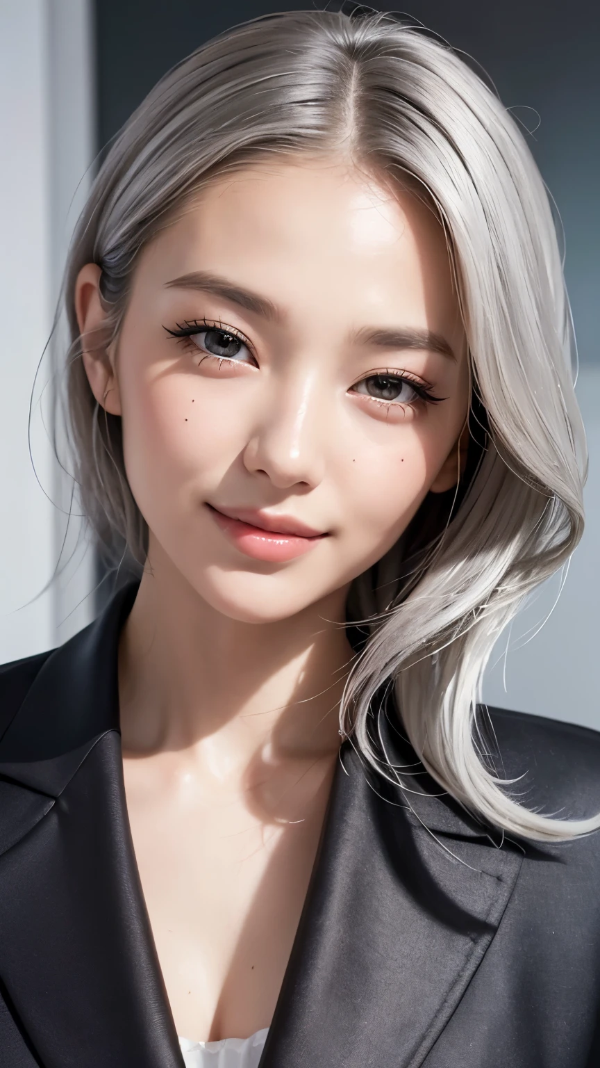 Realistic, masterpiece, highest quality, Highest Resolution, (1girl:1.3), 20-year-old, Happy smile, Slightly to the side, Definitely watching the audience, Beautiful fine details, Iris, (Hidden eyelid wrinkles:1.2), Thin eyebrows, Draw eyelashes carefully, Natural Makeup, Middle Hair, Silver Hair, Detailed face, Business Attire, Black jacket and slacks, Photographed from the thigh up