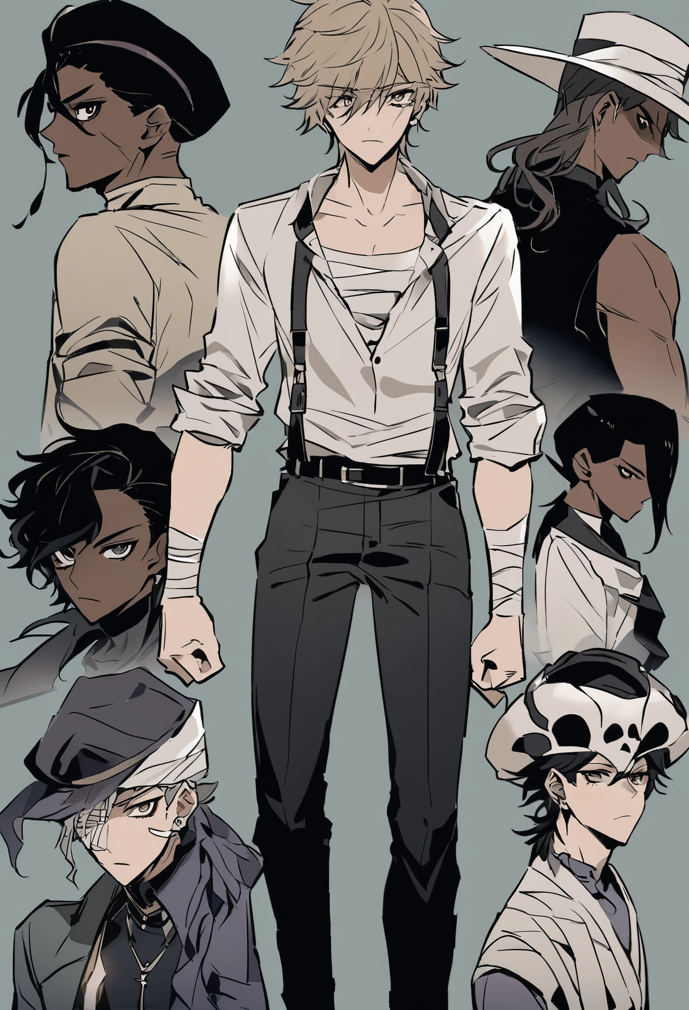 Es un hombre que lleva puesto un hat bucket negro, trae una bufanda gris que cubre la mitad de su rostro, su color de cabello es negro, His skin color is a light brown tone., tiene una gabardina negra, tiene unos pantalones con cargo de color ?????, lleva puesta una camisa gris claro, His trench coat sleeves are rolled up to show his forearms, which are bandaged., tiene unos guantes de cuero negros y lleva unas botas negras