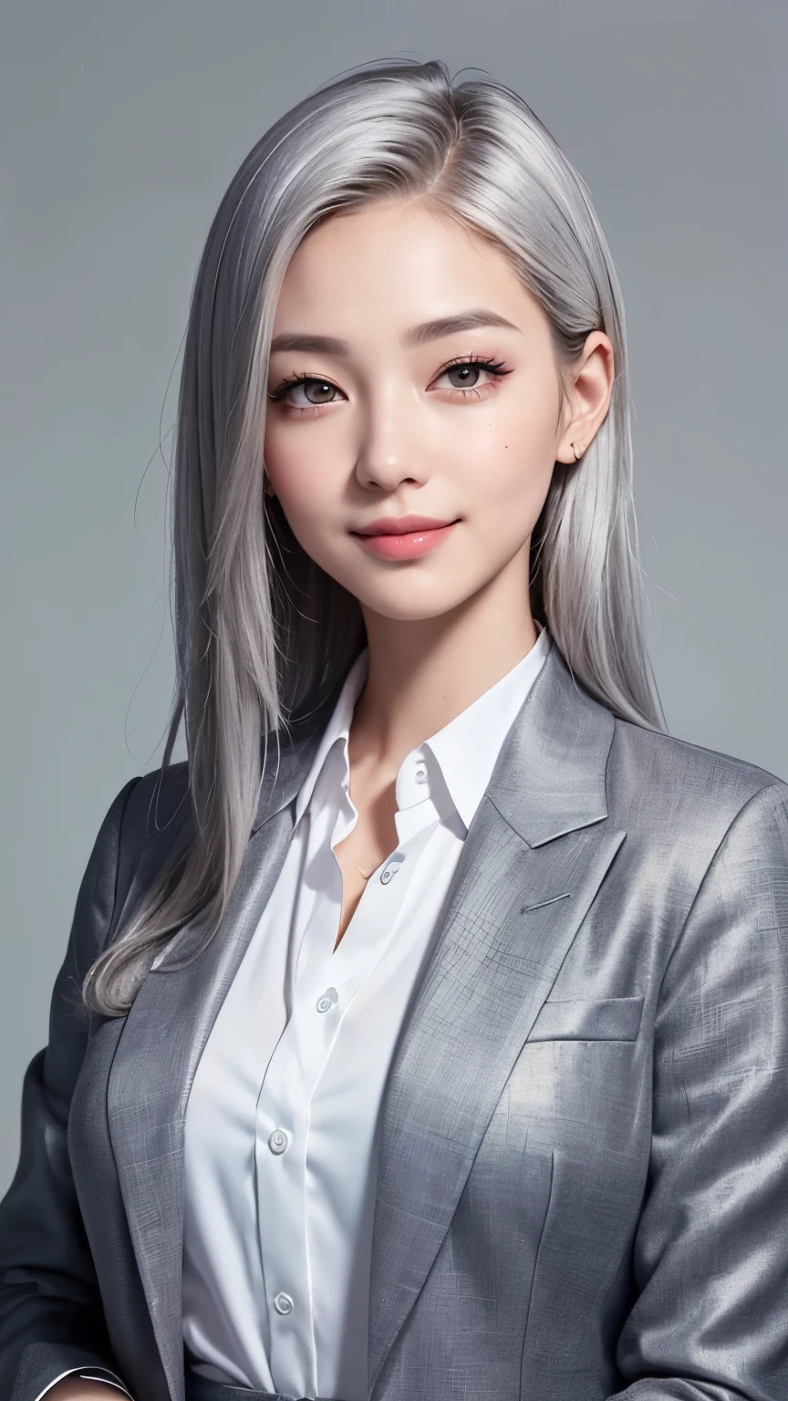 Realistic, masterpiece, highest quality, Highest Resolution, (1girl:1.3), 20-year-old, Happy smile, Slightly to the side, Definitely watching the audience, Beautiful fine details, Iris, (Hidden eyelid wrinkles:1.2), Thin eyebrows, Draw eyelashes carefully, Natural Makeup, Middle Hair, Silver Hair, Detailed face, Business Attire, Black suit style, Full body shot