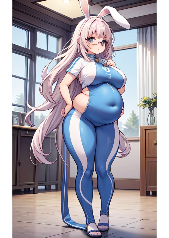 (masterpiece, best quality, highly detailed), 1girls, big belly, huge belly, art by kipteitei, round belly, chubby, curvy, belly grab, enormous belly, fat belly, thicc, bigger belly, really big belly, jiggly belly, glasses, reverse bunnysuit, tight breasts, ((full body))