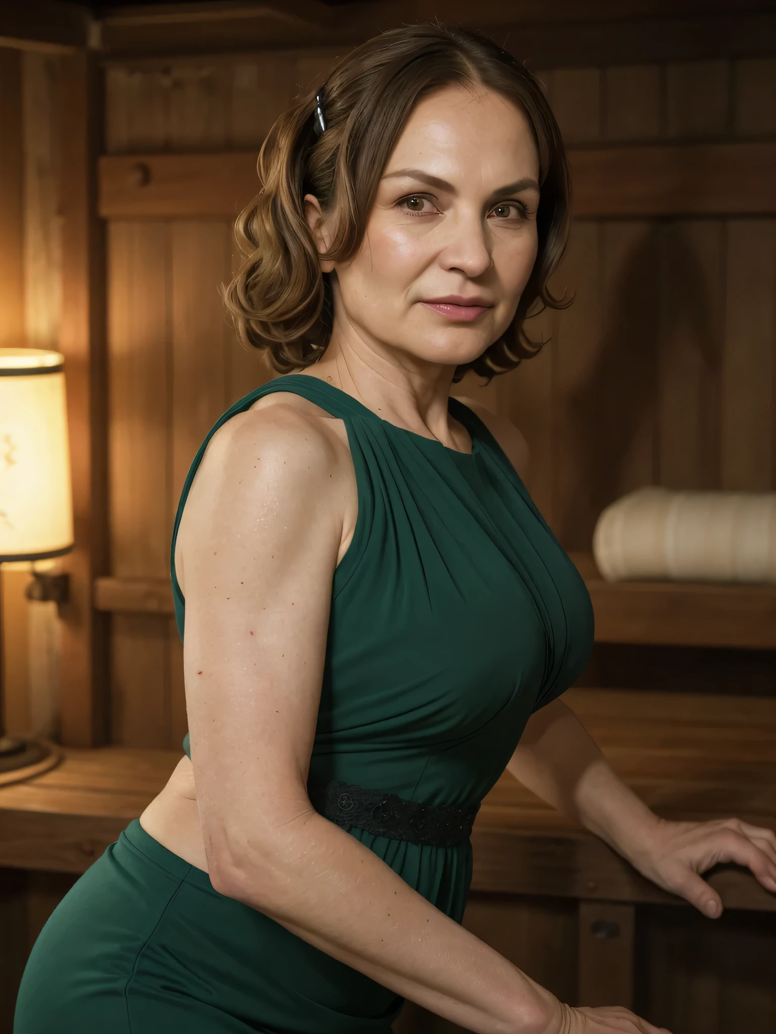 45 years old,(MILF:1.2), a captivating gaze, green eyes, (A lot of wrinkles on her face:1.1), Old Woman Carla Gugino lookalike, Detailed wrinkles (8K, High resolution, ultra-quality, An ultra-high picture quality, Ultrarealistic, Best Quality:1.2) (large D-cup breast:1.4), (Old Woman in Colombia), eyes visible through hair, with salt-and-pepper hair bobbed hair, Proper eye position, Cinematic Light, Soft light, lower back, night time, detailed color graded background, Convoluted, highly detailed, 8K, Overall silhouette, elegantly posing in a sauna, (revealing top: 1.1) (magnificent Wes Anderson shot: 1.3), Looking straight at the camera