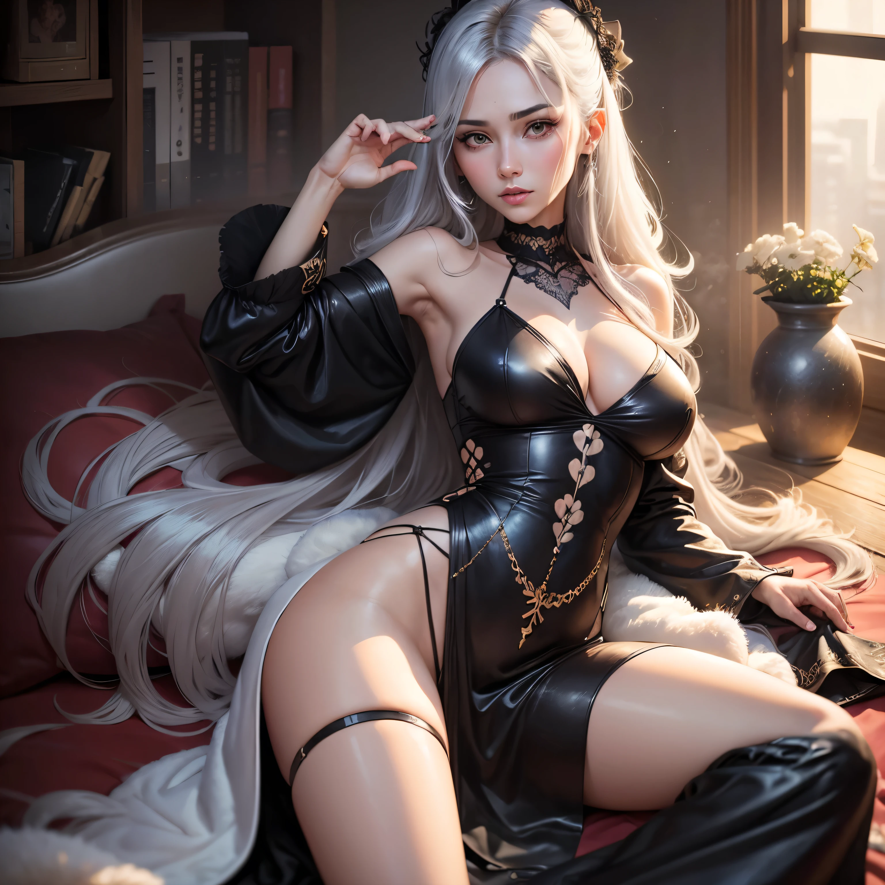(Dramatic digital art:1.3) of,(Lively:1.3) portrait of female (Snezana Sakovich 2:1.1) Wearing a see-through kimono, Sleeping on the bed,Style - Silver Magic, Stylish girl,society,Art Station,The happi coat is open,Long, slender legs,tabi,