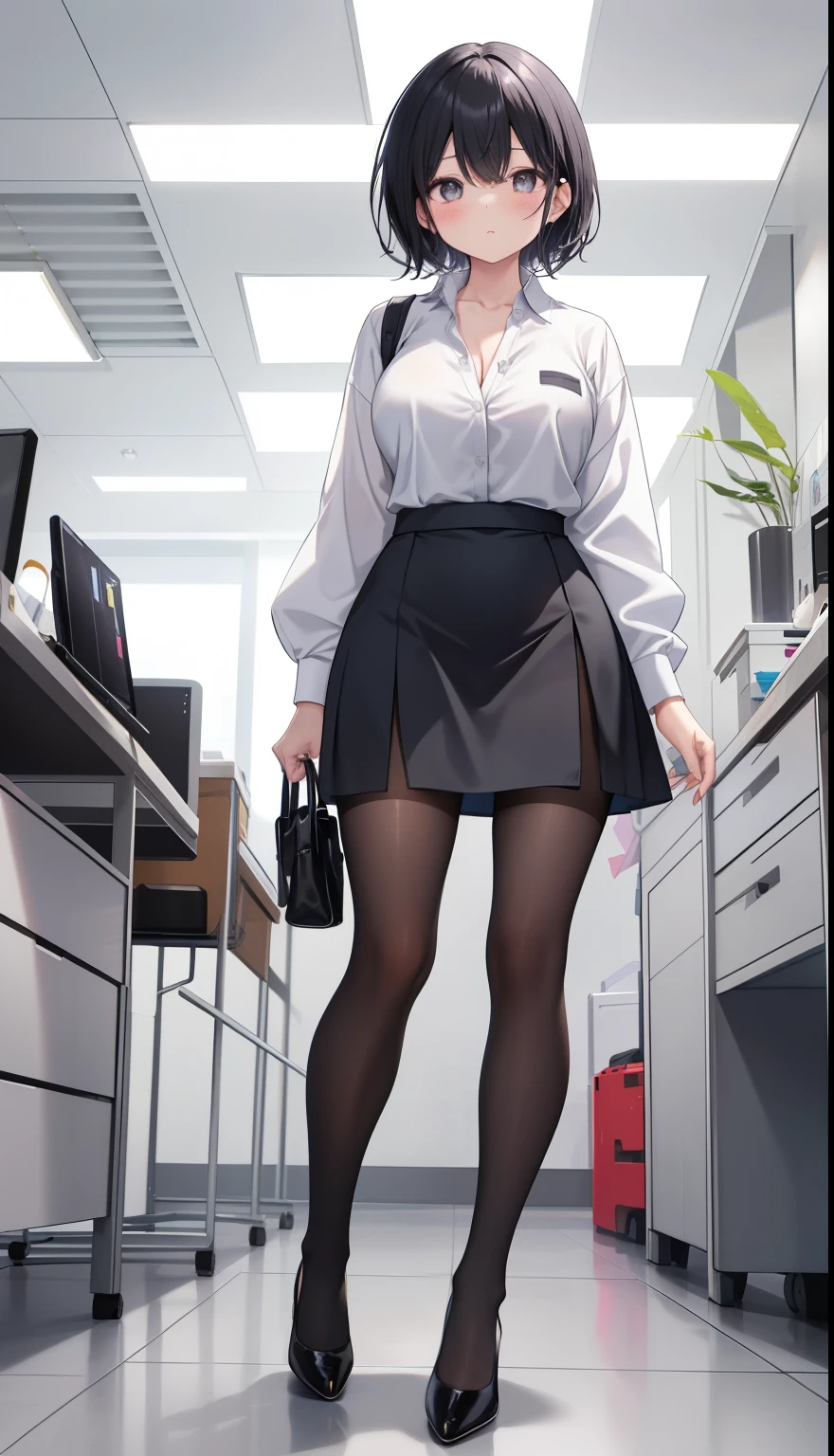 One Girl、positive、Standing posture、Full body portrait、Black Hair、Medium Haircut、blush、Absolute area、Black knee-high socks、Knee-length、stockings、Black Pantyhose、White underwear、Light blue shirt、Blue-gray business suit、Grey tight mini skirt、Japanese office lady、Summer clothes、office、Daytime、（Very large breasts）、Cleavage、open chest shirt、((Lesbians all over the world))、masterpiece、（highest quality）、
Panties around the ankles、Black high heels