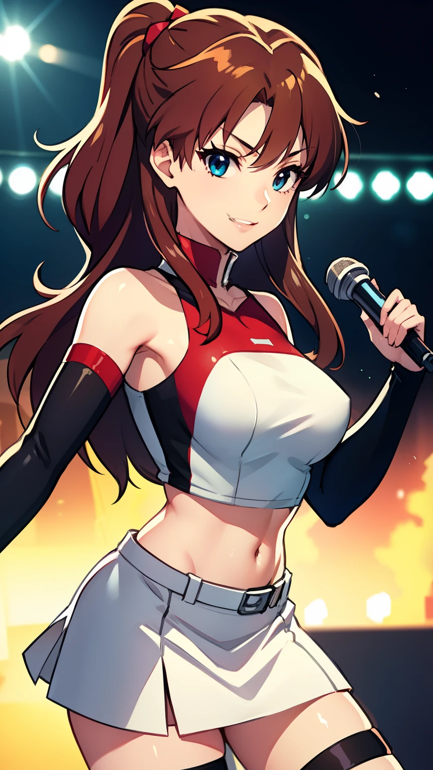 Rise Kujikawa (people々) ,Glossy Lips ,Team Rocket uniform, Red letter R, White Skirt,White crop top,Black thigh-high boots, Black elbow gloves, Wicked Smile, Looking at the audience, Cowboy Shot