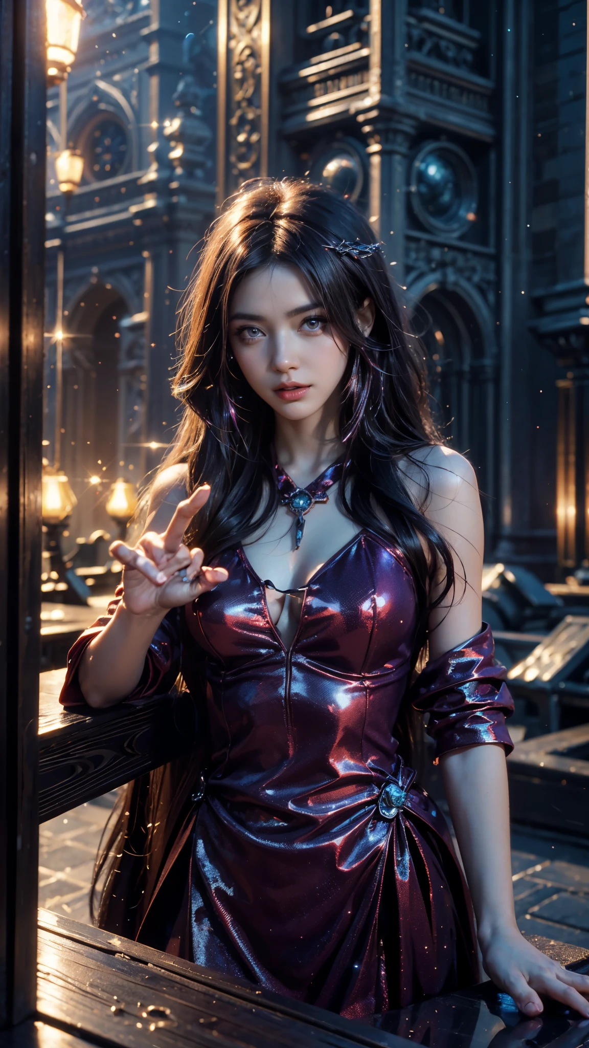 4k, UHD, masterpiece, 1 girl, good face, ((detailed eyes)), very long hair, impressive hairstyle, perfect brasts, fantasy cosplay, red cosplay, strap cosplay, night city, building, lamps, depth of field, reflection light, ((sparkle)), chromatic aberration,