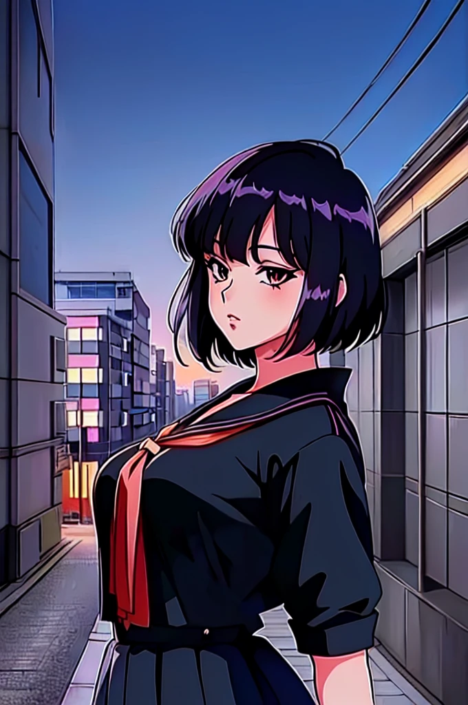 (perfect composition),anime character Sukeban delinquent girl standing on a city street corner in black seifuku with black very long skirt, anime style. 8k, anime style mixed with fujifilm, retro anime girl, anime styled digital art, in tokyo, anime style illustration, anime style 4 k, anime style artwork, anime poster film still portrait, tokyo anime scene, modern anime style, anime style digital art, short hair, 26year old, red converse,