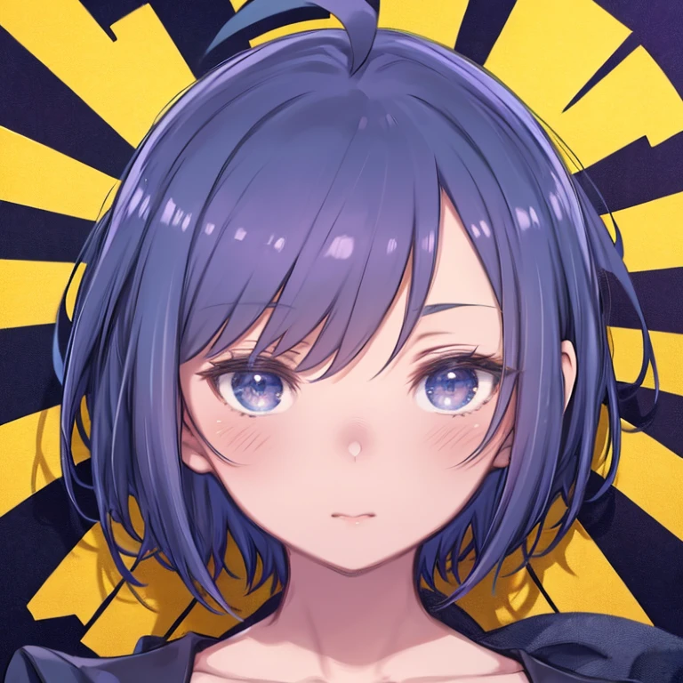 黒いドレスを着てBlue Hairをしたベッドに座っているアニメの女の子、(masterpiece, highest quality), One girl, mekakure, blush, Purple Hair, Hair above the eyes, short hair, Ahoge, Blue Hair, eyes covered、