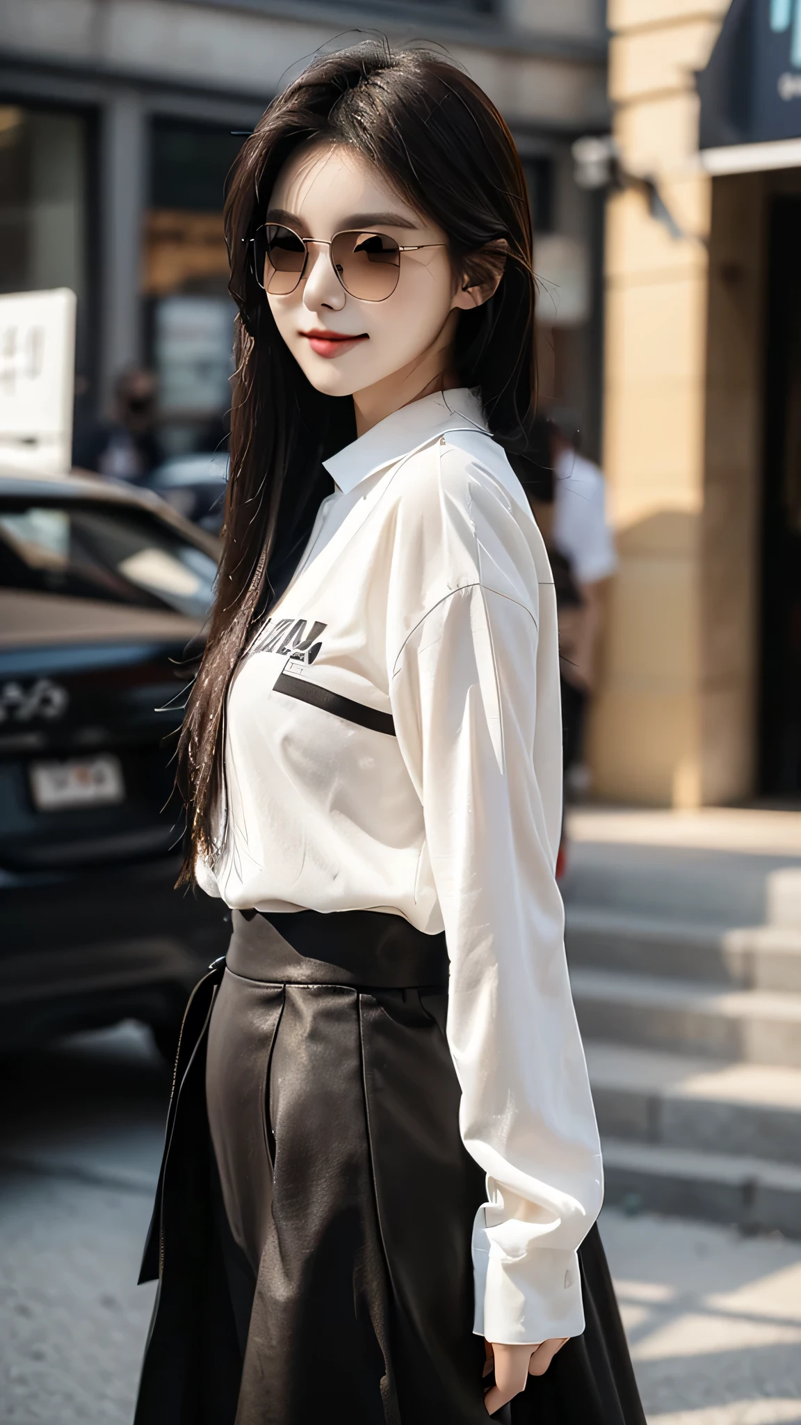 masterpiece、top-quality)、1 beutiful girl、Slim body、((Black and white plain clothes:1.1))、((Wearing black sunglasses )), (Detailed beautiful eyes), ((Detailed skin)) , ((Detailed beautiful hair)), Walk around the store、((Boyish Brown Medium Hair))、((Smaller face))、((Neutral face))、((Face seen from the side))、((Light brown eyes))、((Korean Girl))、((18year old))、((cool lady))、((A shy smile on his face))、((Korean Makeup))、((elongated and sharp eyes))、((Happy dating))、((boyish))、((Shot from the same height as your face)、), ((CG rendering)), ((Blurred background)), ((deep shadow)), ((16K)), ((Very detailed)), ((wallpaper)), ((depth of field)), ((movie light)), (( Ray tracing)).