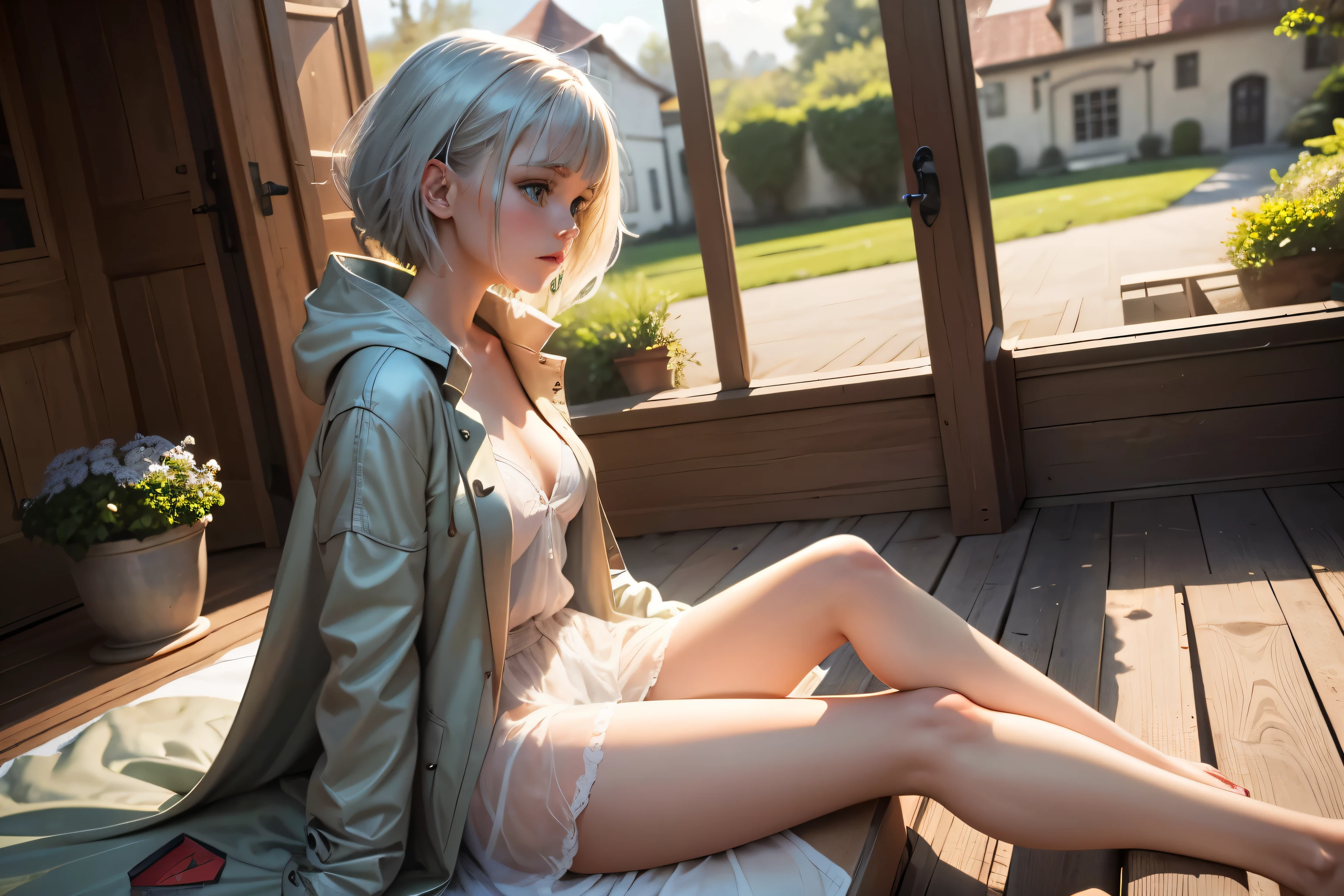 masterpiece, highest quality,Very detailed,Hyper Details, cinematic Light,, One underwear girl, alone, sit, Outdoor, Summer House, sitting in the Summer House, plant, table, chandelier, Candles, Wind, Green Eyes, Pan Green Silver Hair, short hair, Floating Hair, Light, Light frown, profile,View your viewers, dynamic_angle,The see-through happi coat is unbuttoned,nude,On the bed