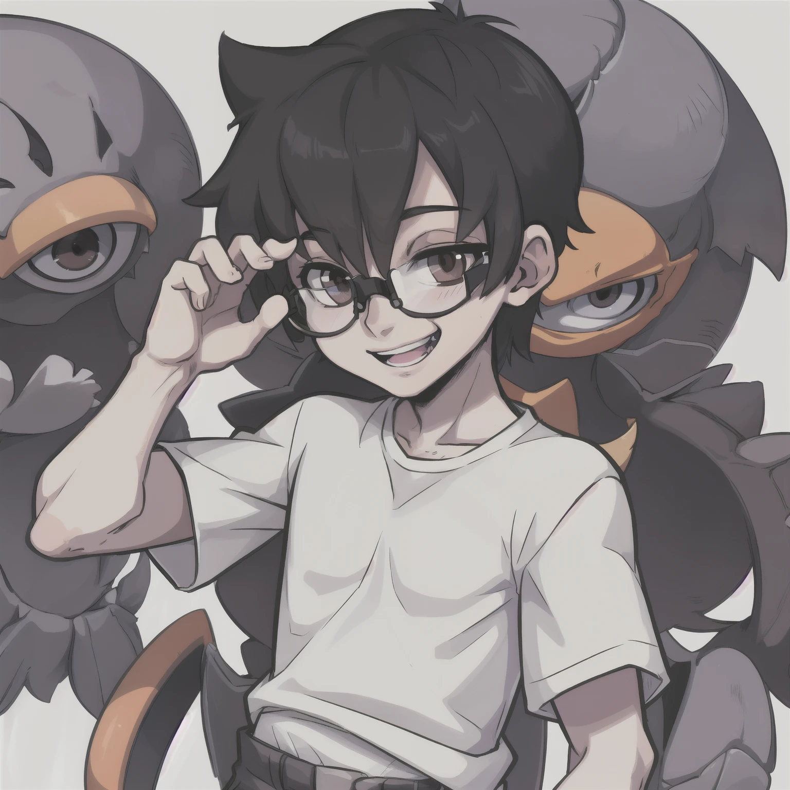a boy, black hair, white skin, dark brown eyes, wearing glasses, wearing a white shirt, sorrindo feito louco segurando algo 