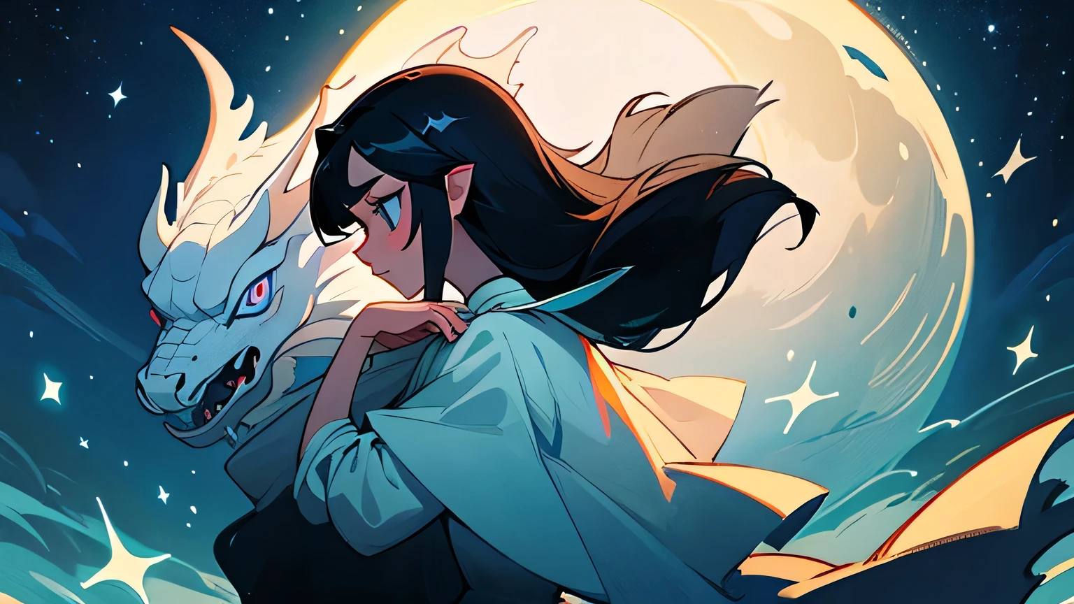 tall moon princess with long black hair, sea blue eyes and snow white skin,praying hands, bright, magical, stars, white dragon, side profile
