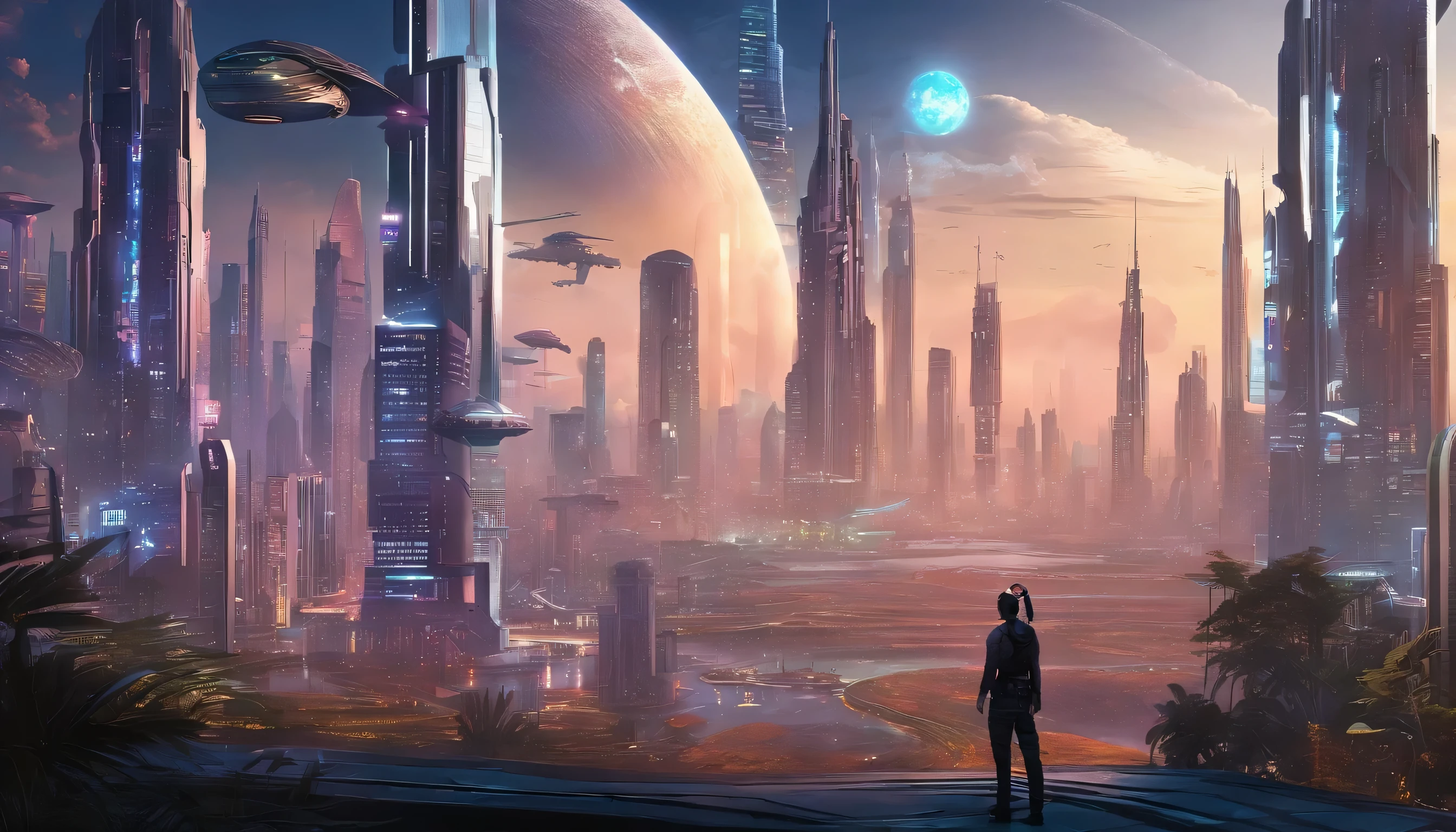 Cyberpunk characters、futuristic city、Planet Earth、Skyscrapers pierce the clouds cyberpunk.ＳＦArt from、Utopian city、megacity、Dream、Top quality、masterpiece、Beautiful futuristic city