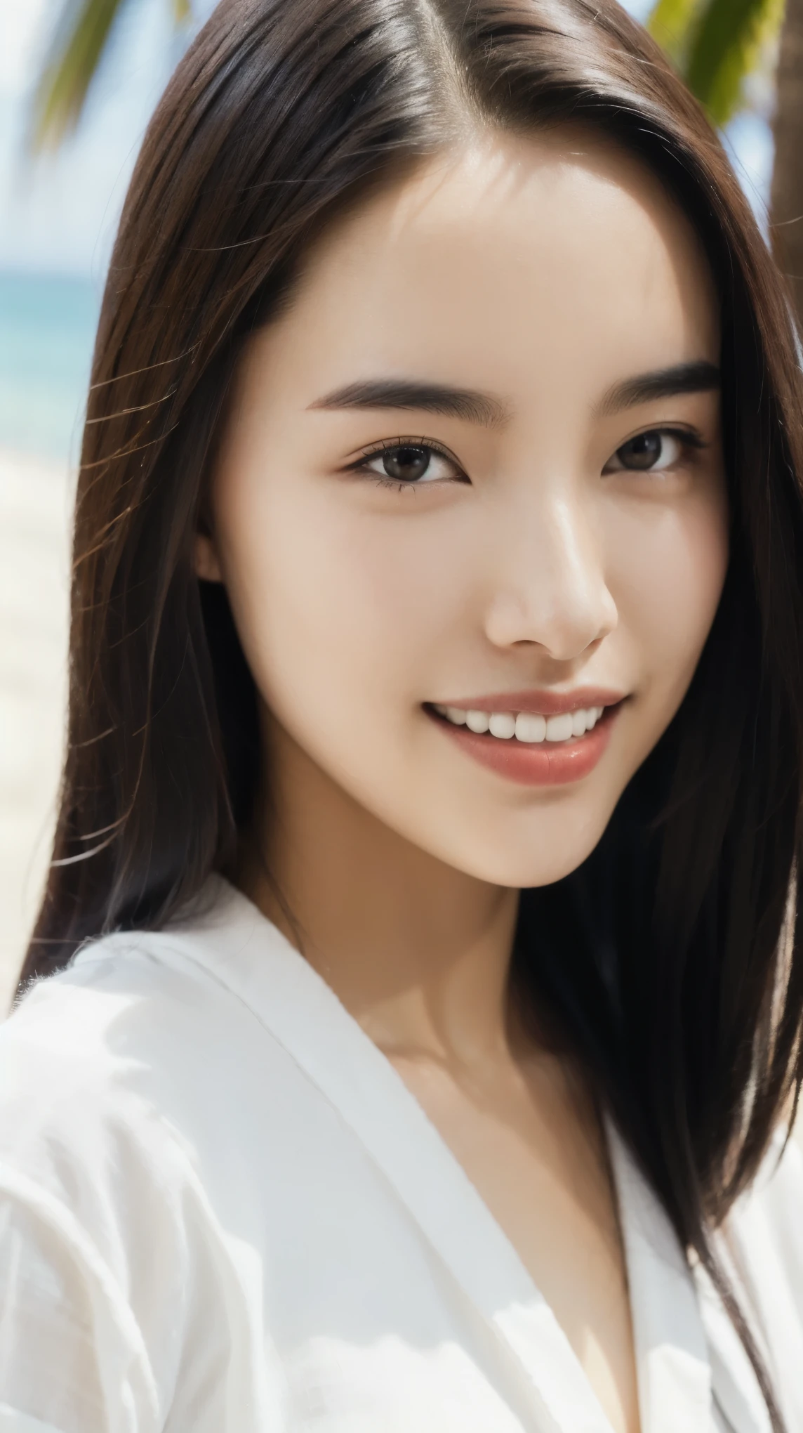Fashion model 20 years old [[[[close up]]]], [[[[neck]]]], [[[[Shoulder]]]], Perfect eyes, Perfect iris，Perfect lips，Perfect Teeth，Perfect skin，White skin，Soft headlights，High-density imaging，（The face is clear and delicate），((Casual wear in white))，((Smile))，((The background is the coast))，Beach，Palm tree，coconut tree，best quality，masterpiece，（Soft colors：1.2）