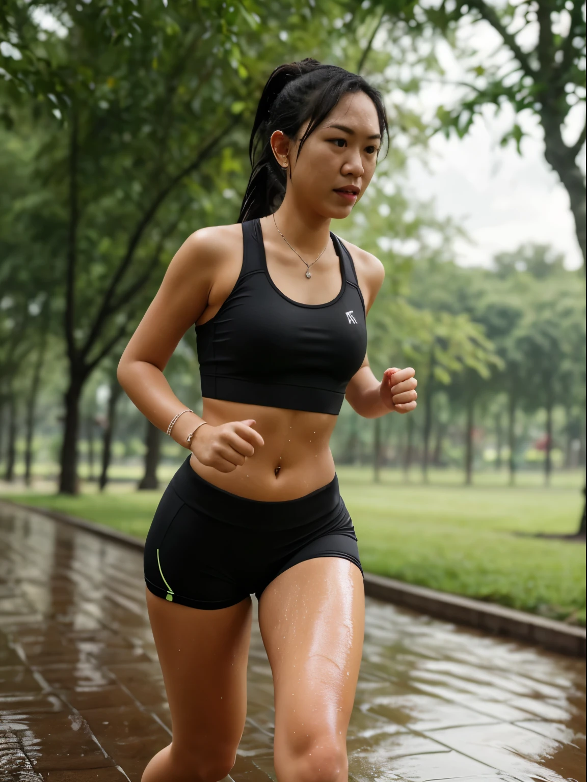 1 girl, Indonesian wearing mini sports bra, medium bust, tight sports bra, mini leggings, tight leggings, tight thighs, big thighs, bob hair, jogging, running, sports, wet skin, wet face, wet with sweat, in the park, hyperrealistic, ultraHD,