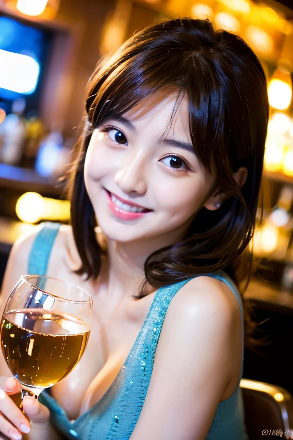 A very cute face like an idol、Looks like a young face、20-year-old female、Gentle and cute、A kind smile、Cleavage、one piece、Stylish bar counter、Indirect lighting at night、Holding a wine glass、whole body、RAW Photos、Genuine、Artistic、Real Stick、High resolution、Genuine Life、No copyright notice