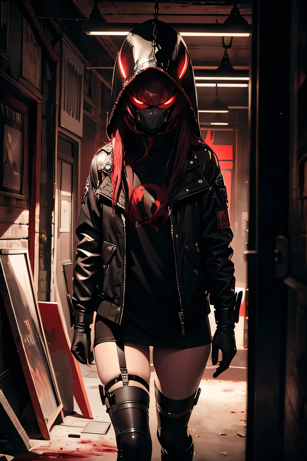On the night, ( predator the movie) face mask, predator mask, predator cosplay, the predator le film, alien vs predator, predator, sexy woman predator, predator, one girl with a predator combine , predator movie, no white lights Just a red light glowing, sexy predator , drops of blood, traces of blood, blood on lips, blood on the walls, horor, stressant, gore, chains hanging, chains stretched everywhere, tombeau, grotte intérieure without light, red light glowing, dark, sombre, lights effects, peur, effrayant, seductive, seductive animated girl, sexy,