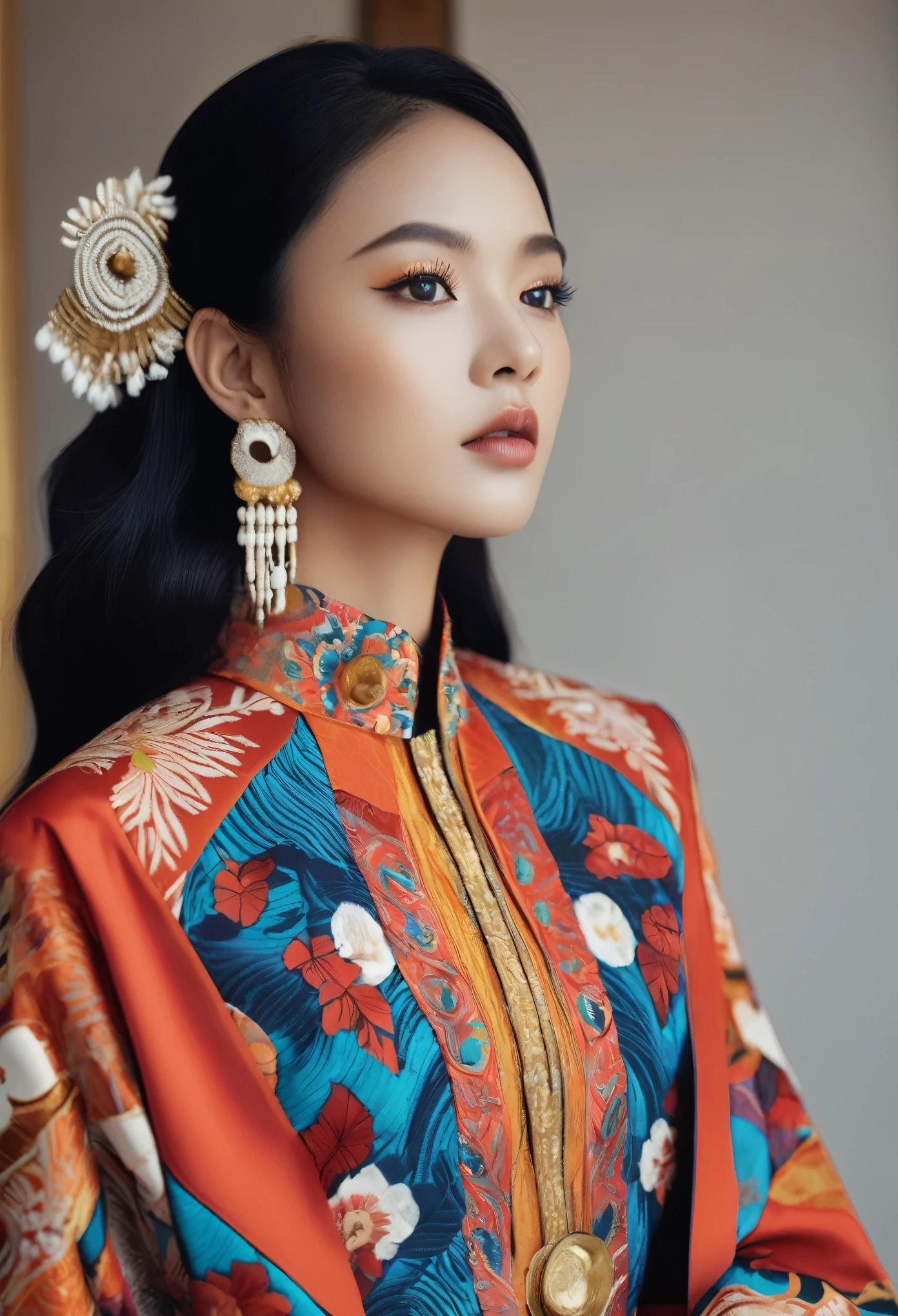 An Indonesian-styled futuristic suit worn by a girl depicting cultural fusion and modern fashion. The suit is adorned with intricate patterns and vibrant colors, showcasing the rich heritage of Indonesia. The girl stands confidently in a dynamic pose, with her detailed eyes reflecting determination and curiosity. The suit's material is a combination of traditional textiles and futuristic synthetic fabrics, giving it a unique and avant-garde appearance. The overall image quality is of the highest standard, with sharp focus and ultra-detailed rendering. The artwork employs physically-based rendering techniques, resulting in realistic lighting and shadows. The colors are vivid and vibrant, capturing the essence of Indonesian cultural aesthetics. The background features a fusion of modern architecture and traditional elements, creating a harmonious blend of the past and the future. The prompt explores the intersection of Indonesian culture, futuristic design, and the artistic representation of a confident girl.