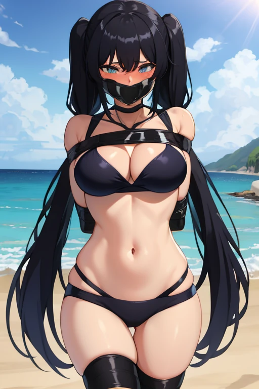 lots of girls, Long black hair, Long twintails, hochgesteckte schwarze haare, improvisierter Knebel, Klebebandknebel, GEKNEBELT, Klebeband, festgebunden, Arms behind the back, gefesselte Arme, black Bikini, blushing, Tape gag, Standing, beach in the background