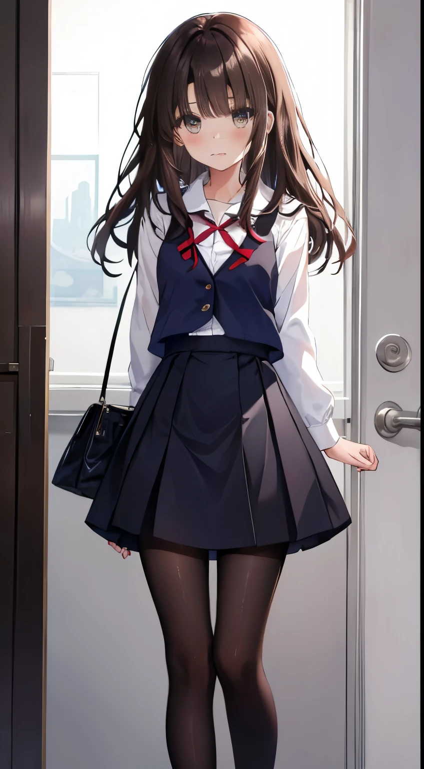 Top quality, masterpiece, High resolution, (whole body), front, frontやや下からの構図, Symmetric, 18-year-old girl, alone, (whole body from head to toe), Small breasts, Brown Hair, slightly Messy Hair, bangs, (black tights), ( (Black Pantyhose), Black Pantyhose, composition Show me your white panties, slender beautiful feet, とても美しい18-year-old girl (Navy high heels) feet), blush, Shy big eyes, Messy Hair, looking at the camera, Show me your white panties, Hide your arms behind your back, Dark blue office lady uniform, Dark blue pencil skirt, Navy Blue Vest, Beige cardigan