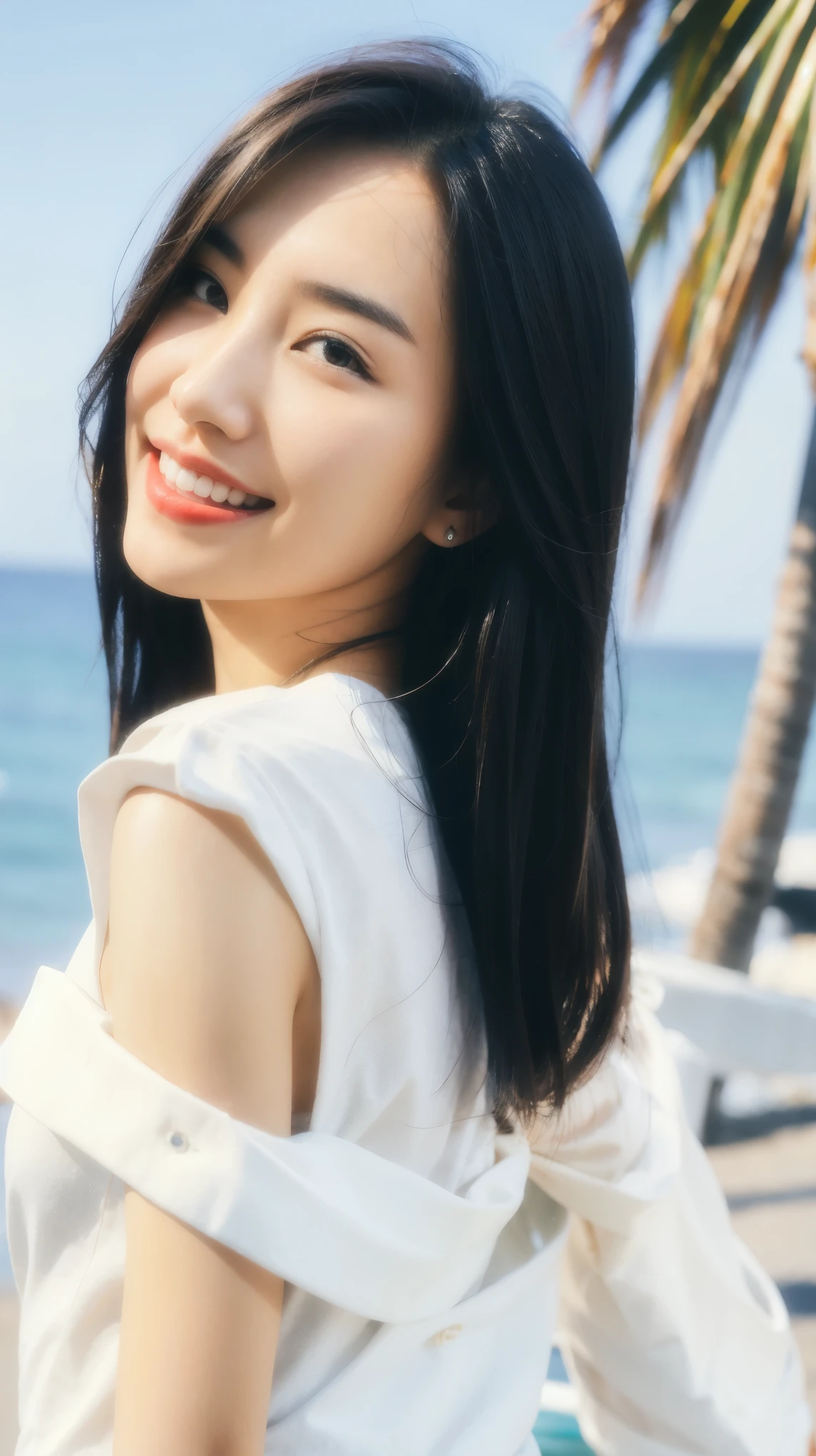 Fashion model 20 years old [[[[close up]]]], [[[[neck]]]], [[[[Shoulder]]]], Perfect eyes, Perfect iris，Perfect lips，Perfect Teeth，Perfect skin，White skin，Soft headlights，High-density imaging，（The face is clear and delicate），((Casual wear in white))，((Smile))，((The background is the coast))，Beach，Palm tree，coconut tree，best quality，masterpiece，（Soft colors：1.2）