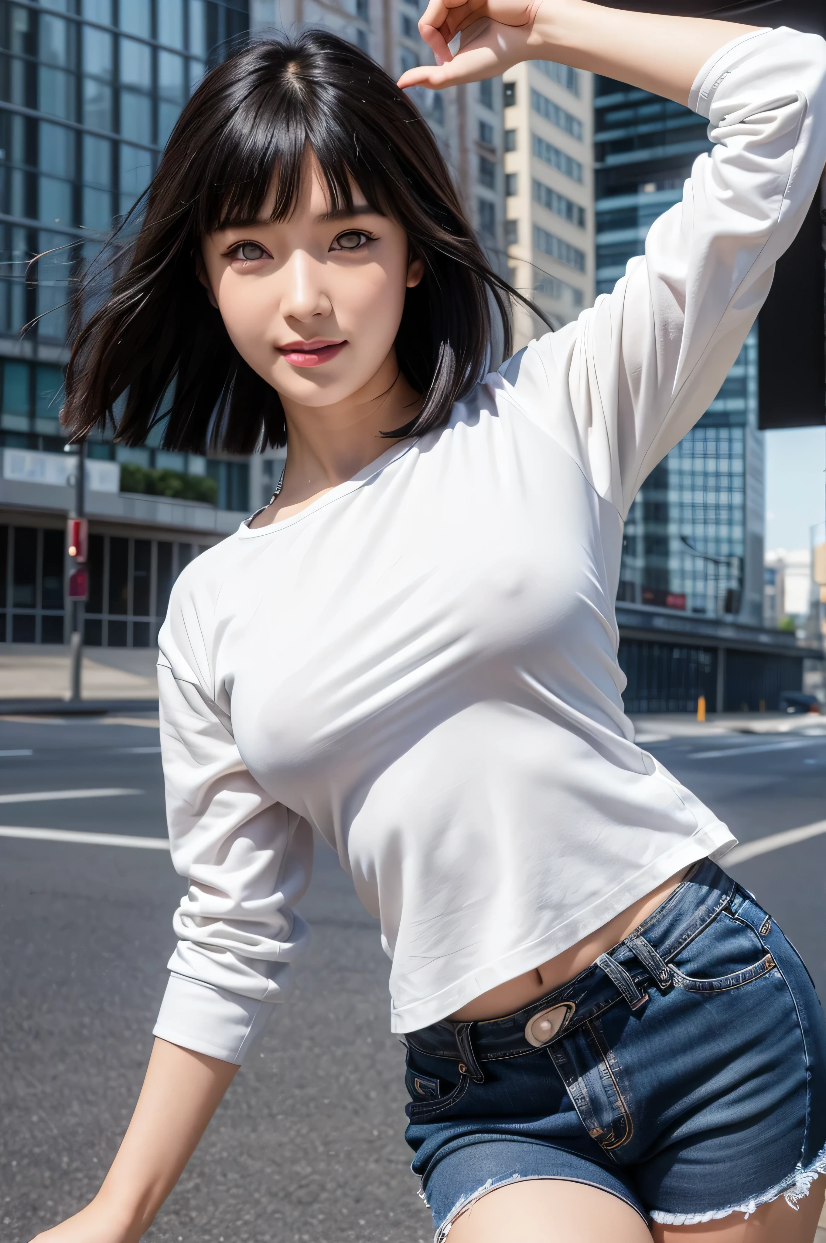 masterpiece, best quality, ultra-detailed),(1Girl hinata hyuga), white eyes,hinata short hair, brunette, dynamic angle, dynamic pose, natural lighting, floating, (white top:1.2|black top), (jeans:1.2|leather pants:0.9), (silver bracelet:1.2|watch), (natural background:0.8|cityscape), (smiling:0.8|serious expression), (highlight on hair), too many drops of water:0.8
