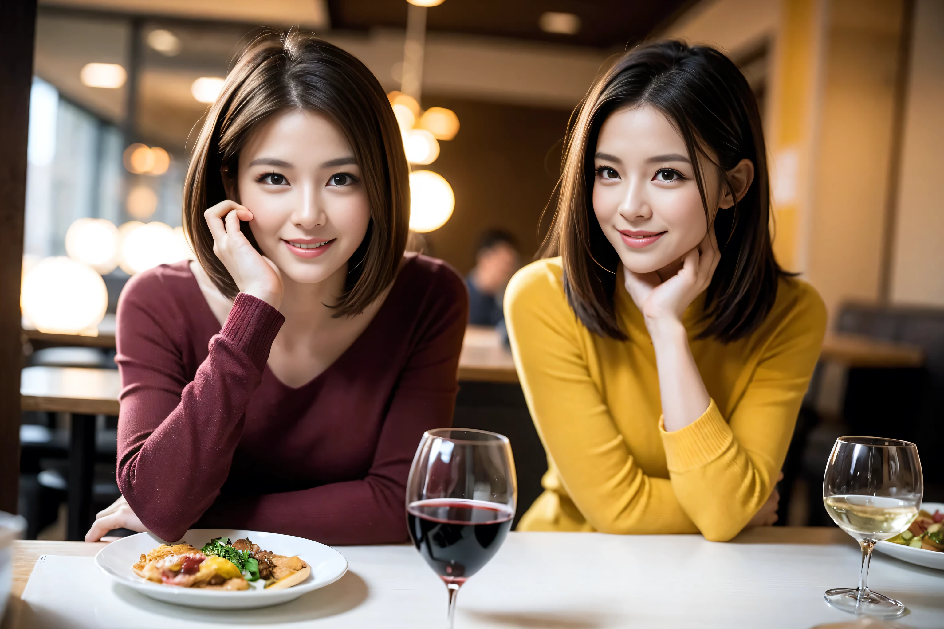 ((highest quality、8k、masterpiece:1.3))、Sharp focus:1.2、Beautiful woman perfect body:1.4、Slim body、((Bob Hale、Straight hair:1.2))、(to be born, highest quality, masterpiece:1.5), (Realistic, Intricate details:1.2), Wine glass on the table、Put the light on your face、 Amazing view of the sunset sky and clouds、Amazing mountain views、A bright smile、A lovely woman with a smile、Bright image、2. The beauty of wine, Beautiful Face, blue eyes, The light shines on your face, Blushing, short hair,Bright Face、Fox face、 (43 years old), 39 years old, Lady、red wine 、Appetizers、Italian food、Wine bottle、Champagne、sparkling wine、Two beauties、Brown Hair、Shortcuts、Long sleeve shirt、dress、Pretty Woman 1, (Slim face), (The body is slim), (Brown Hair), (Shortcuts), cheeks turn a little red,Attractive beauty、, Out of the window, A beautiful and detailed night view unfolds.........., restaurant, In a prominent place (From the waist up) Nova Frog Style, actress, model, Upper Body, White wine, slim, wine glass, A wine glass placed in the middle, smile, (smile: 1.15), Beautiful fine grain, Depth f/2,saturation, High Contrast, Strong light and shadow,Moist Body:1.5、3D texture、Delicate eyes、Brown Hair、The hair is very shiny、