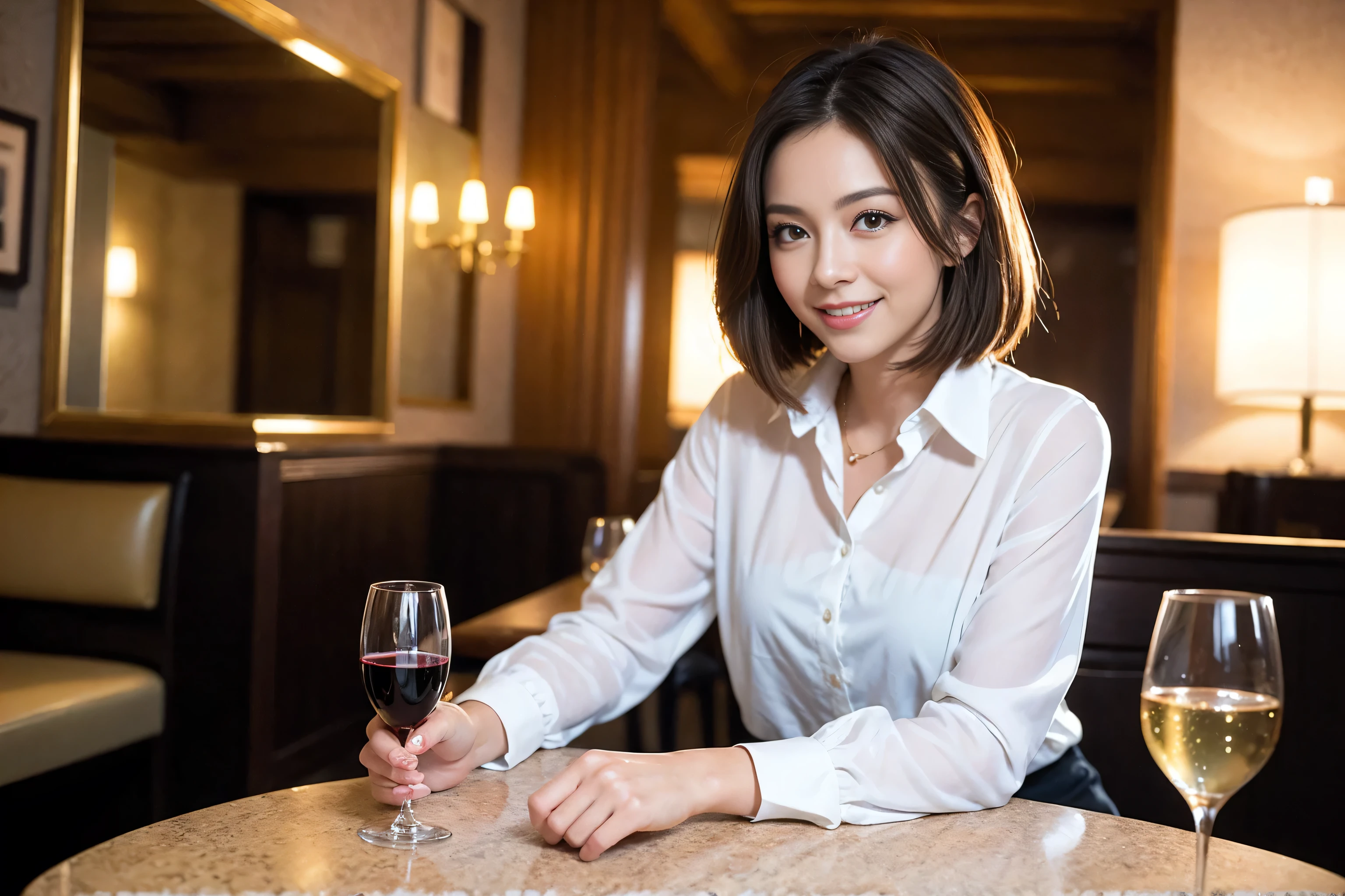 ((highest quality、8k、masterpiece:1.3))、Sharp focus:1.2、Beautiful woman perfect body:1.4、Slim body、((Bob Hale、Straight hair:1.2))、(to be born, highest quality, masterpiece:1.5), (Realistic, Intricate details:1.2), Wine glass on the table、Put the light on your face、 Amazing view of the sunset sky and clouds、Amazing mountain views、A bright smile、A lovely woman with a smile、Bright image、2. The beauty of wine, Beautiful Face, blue eyes, The light shines on your face, Blushing, short hair,Bright Face、Fox face、 (43 years old), 39 years old, Lady、red wine 、Appetizers、Italian food、Wine bottle、Champagne、sparkling wine、Two beauties、Brown Hair、Shortcuts、Long sleeve shirt、dress、Pretty Woman 1, (Slim face), (The body is slim), (Brown Hair), (Shortcuts), cheeks turn a little red,Attractive beauty、, Out of the window, A beautiful and detailed night view unfolds.........., restaurant, In a prominent place (From the waist up) Nova Frog Style, actress, model, Upper Body, White wine, slim, wine glass, A wine glass placed in the middle, smile, (smile: 1.15), Beautiful fine grain, Depth f/2,saturation, High Contrast, Strong light and shadow,Moist Body:1.5、3D texture、Delicate eyes、Brown Hair、The hair is very shiny、
