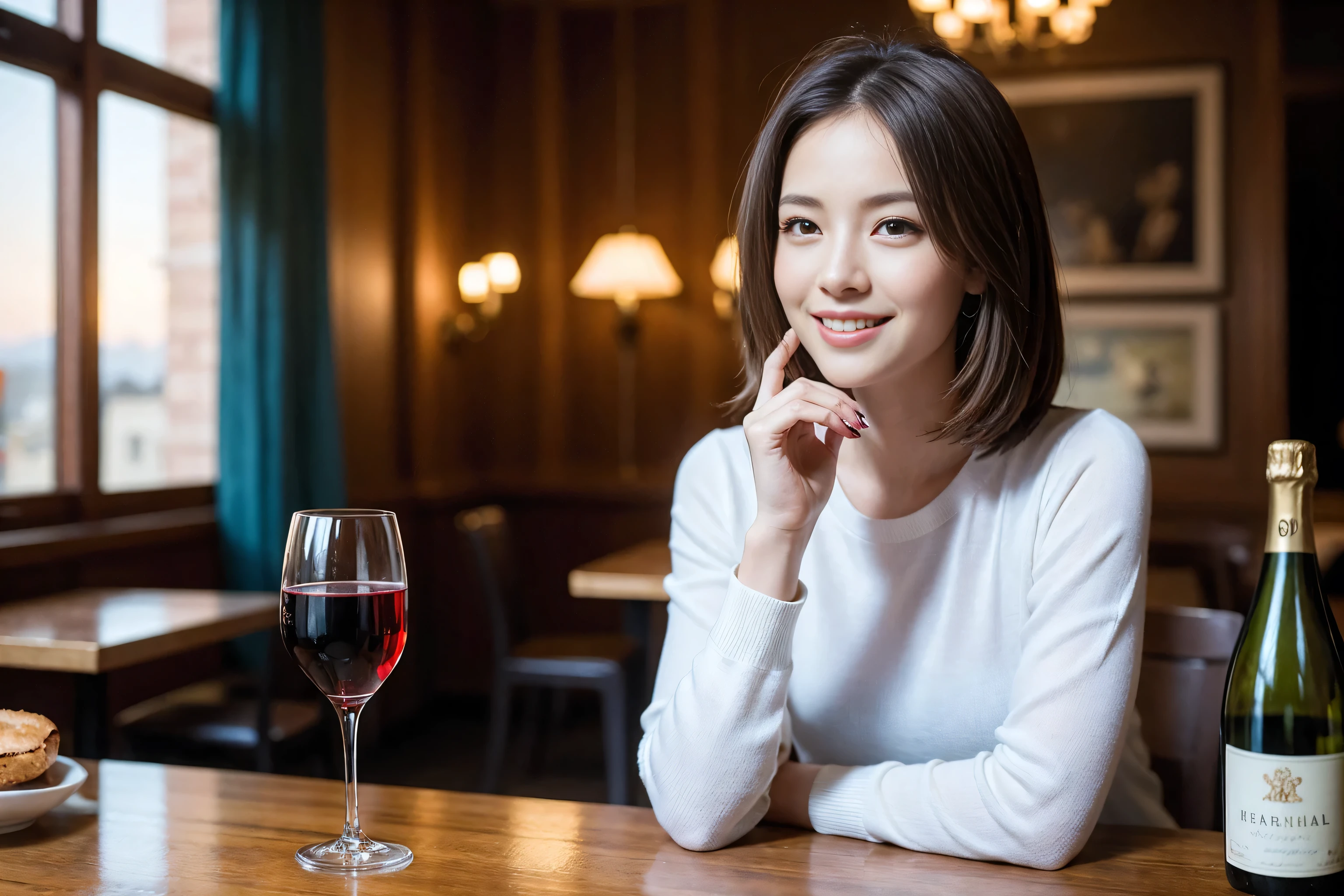 ((highest quality、8k、masterpiece:1.3))、Sharp focus:1.2、Beautiful woman perfect body:1.4、Slim body、((Bob Hale、Straight hair:1.2))、(to be born, highest quality, masterpiece:1.5), (Realistic, Intricate details:1.2), Wine glass on the table、Put the light on your face、 Amazing view of the sunset sky and clouds、Amazing mountain views、A bright smile、A lovely woman with a smile、Bright image、2. The beauty of wine, Beautiful Face, blue eyes, The light shines on your face, Blushing, short hair,Bright Face、Fox face、 (43 years old), 39 years old, Lady、red wine 、Appetizers、Italian food、Wine bottle、Champagne、sparkling wine、Two beauties、Brown Hair、Shortcuts、Long sleeve shirt、dress、Pretty Woman 1, (Slim face), (The body is slim), (Brown Hair), (Shortcuts), cheeks turn a little red,Attractive beauty、, Out of the window, A beautiful and detailed night view unfolds.........., restaurant, In a prominent place (From the waist up) Nova Frog Style, actress, model, Upper Body, White wine, slim, wine glass, A wine glass placed in the middle, smile, (smile: 1.15), Beautiful fine grain, Depth f/2,saturation, High Contrast, Strong light and shadow,Moist Body:1.5、3D texture、Delicate eyes、Brown Hair、The hair is very shiny、