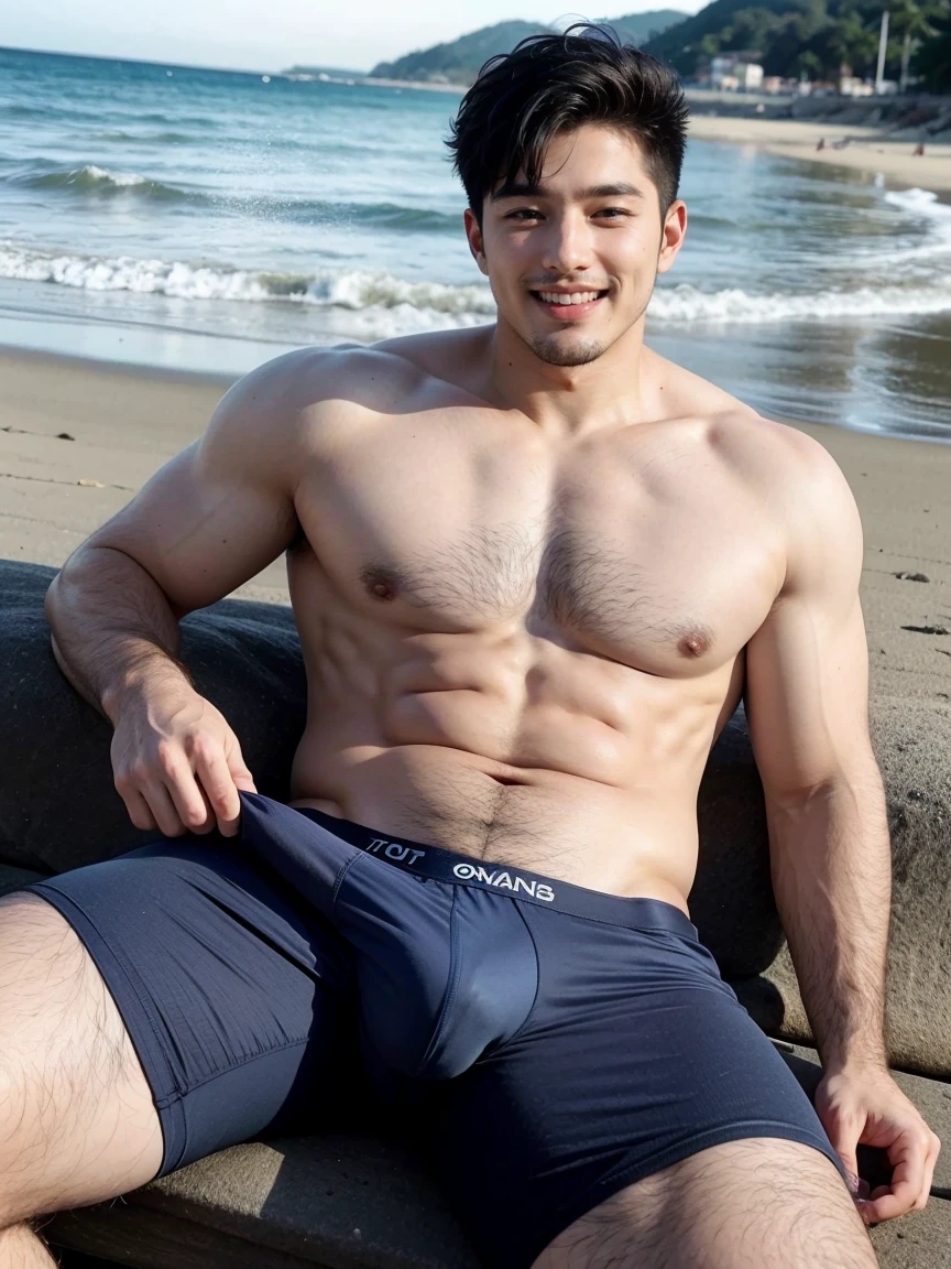 Handsome Korean man with a stocky figure, shirtless, wearing underwear, smiling, sitting and walking along the beach on the island.