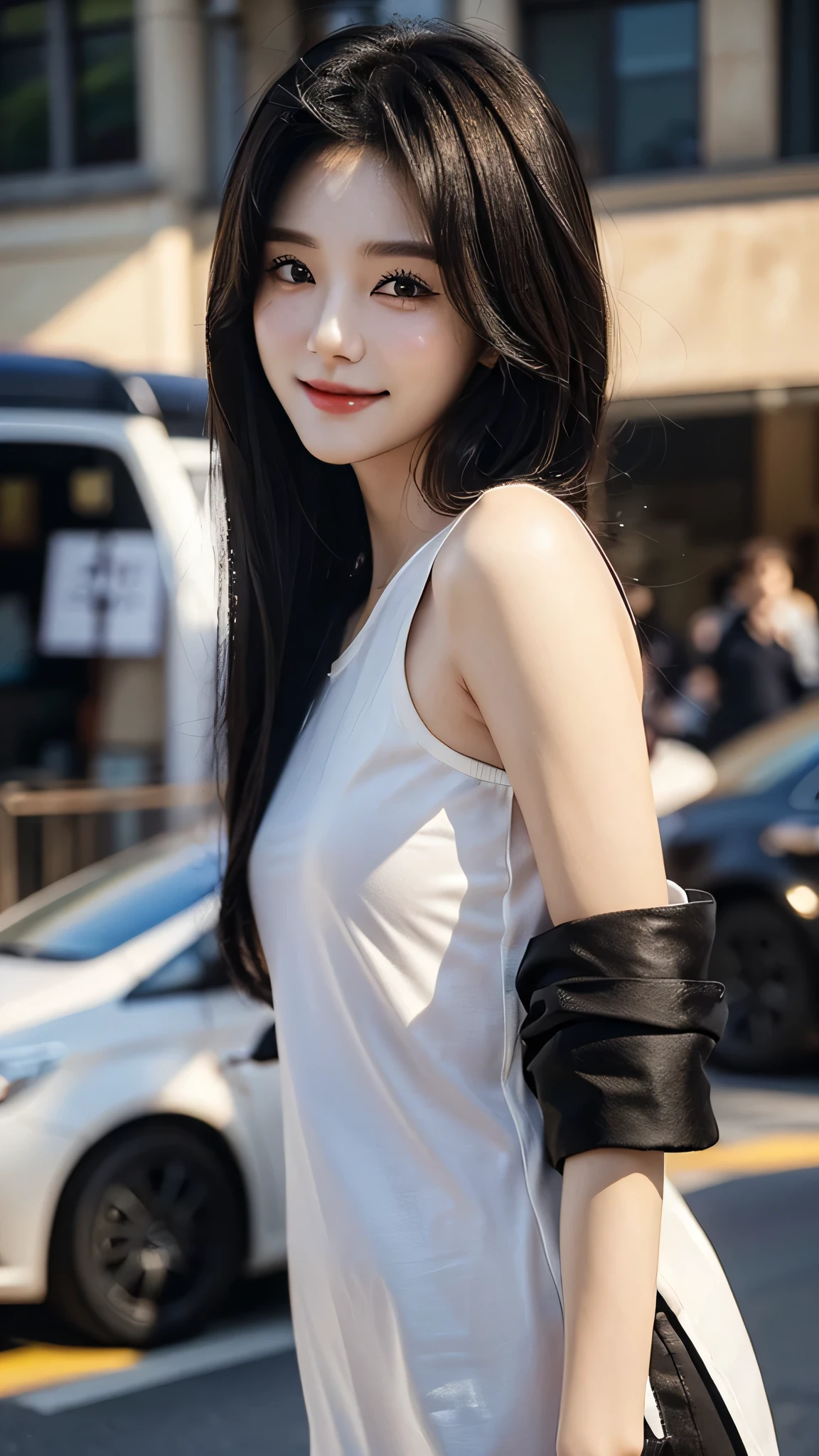 masterpiece、top-quality)、1 beutiful girl、Slim body、(( plain clothes:1.1))、((Wearing black sunglasses )), (Detailed beautiful eyes), ((Detailed skin)) , ((Detailed beautiful hair))、((Smaller face))、((Neutral face))、((Face seen from the side))、((Light brown eyes))、((Korean Girl))、((18year old))、((cool lady))、((A shy smile on his face))、((Korean Makeup))、((elongated and sharp eyes))、((Happy dating))、((boyish))、((Shot from the same height as your face)、), ((CG rendering)), ((Blurred background)), ((deep shadow)), ((16K)), ((Very detailed)), ((wallpaper)), ((depth of field)), ((movie light)), (( Ray tracing)).