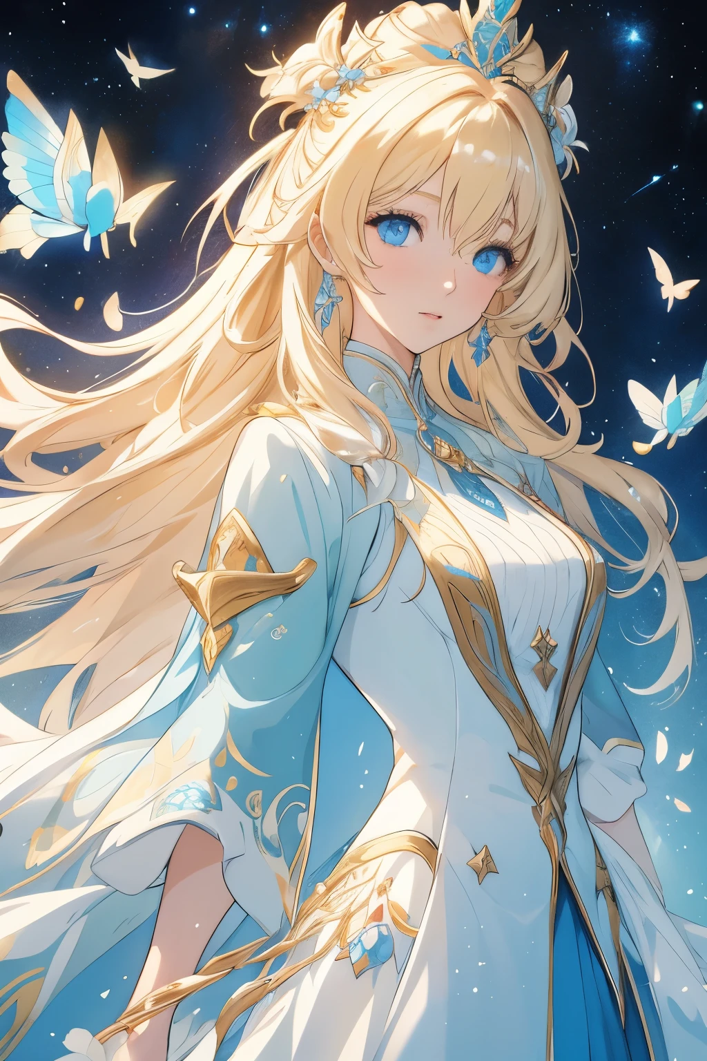Anime girl with long blond hair and blue eyes in a white suit, concept art, inspired by Lee Chevalier, ArtStation, fantasy art, portrait girl knights of the zodiac, girl knights of the zodiac, very detailed exquisite fanart, Extremely detailed Artgerm, portrait anime space cadet girl, гладкое аниме cg art, anime goddess, ! dream art embryo