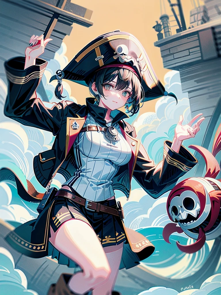Practical pirate clothing, Long-sleeved pirate top, Skirt, boots, tearful mole, earring, Colossal tits, short medium hair, wavy hair,