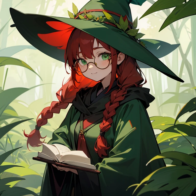 Wood Element Wizard, woman, Red hair, Braided twin tails, Dark green witch hat, Wears dark green witch robes, Green Eyes, Round Glasses, The magic of plants, smile, cute, Shy, Holding a book